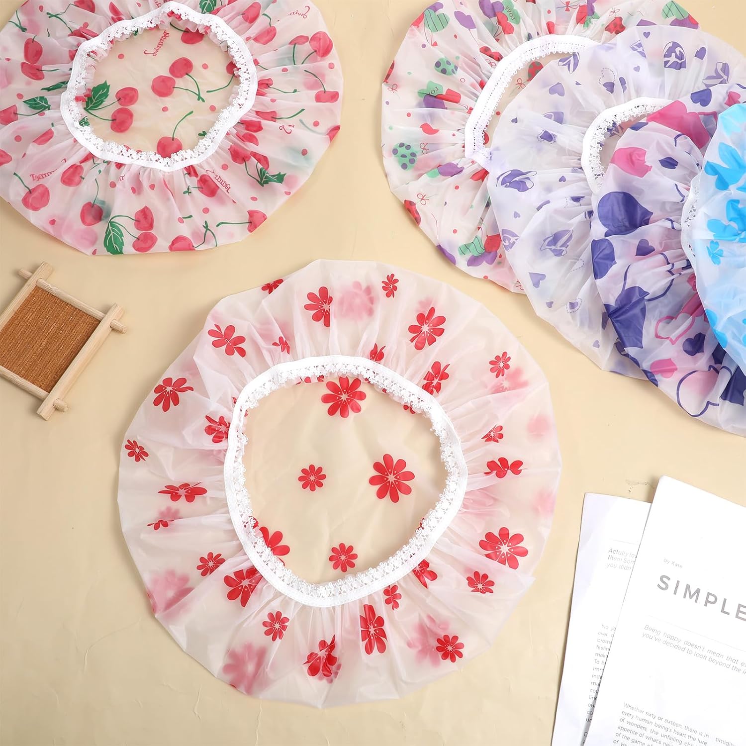 6 Pcs Shower Cap Reusable Elastic Hair Cap Waterproof Bath Hair Hat Shower Bath Caps Elastic Band Flower Printed Hairs Caps for Women Men Bathroom Travel Spa Salon