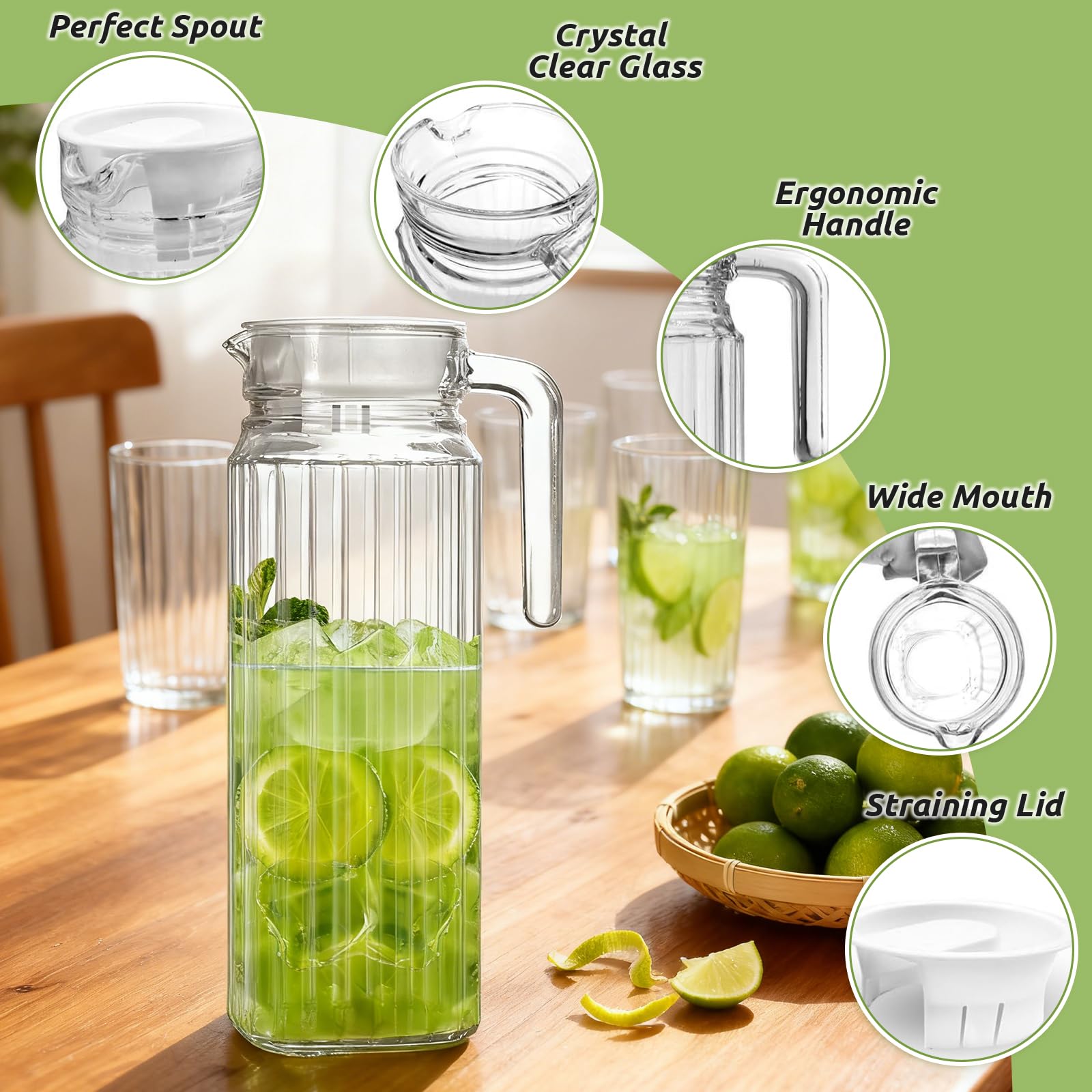 Caraffa per Acqua in Vetro con Coperchio, Confezione da 2 Pezzi da 1,1 Litri, Caraffa in Vetro con Maniglia, Adatta per Bevande Fai da Te, Succo, Tè Freddo, Latte, Acqua, Caffè