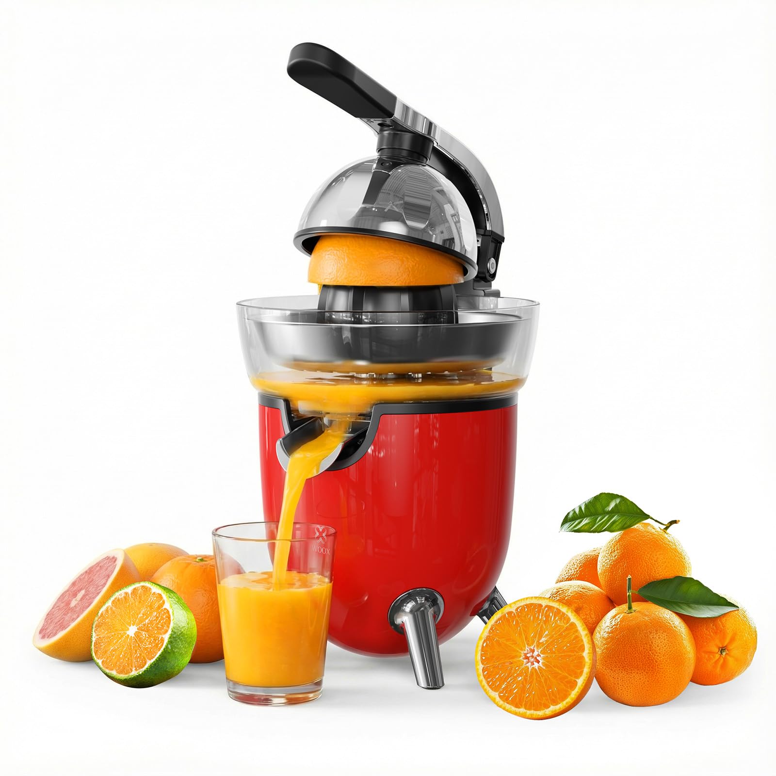 Woox Exprimidor de Naranjas Electrico, con Brazo de Palanca, 100W, Exprimidor Electrico Silencioso con 2 Conos para Limones y Pomelos, Boquilla Antigoteo, Sin BPA, Desmontable y Fácil de Limpiar