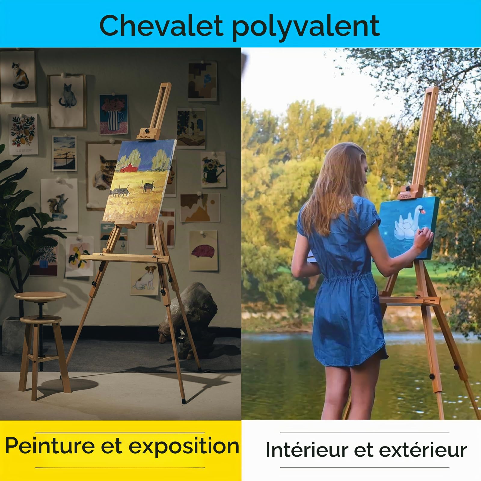 MEEDEN Chevalet de peinture sur le terrain pour trépied - Chevalet de trépied réglable et portable en bois de hêtre - Parfait pour les peintres