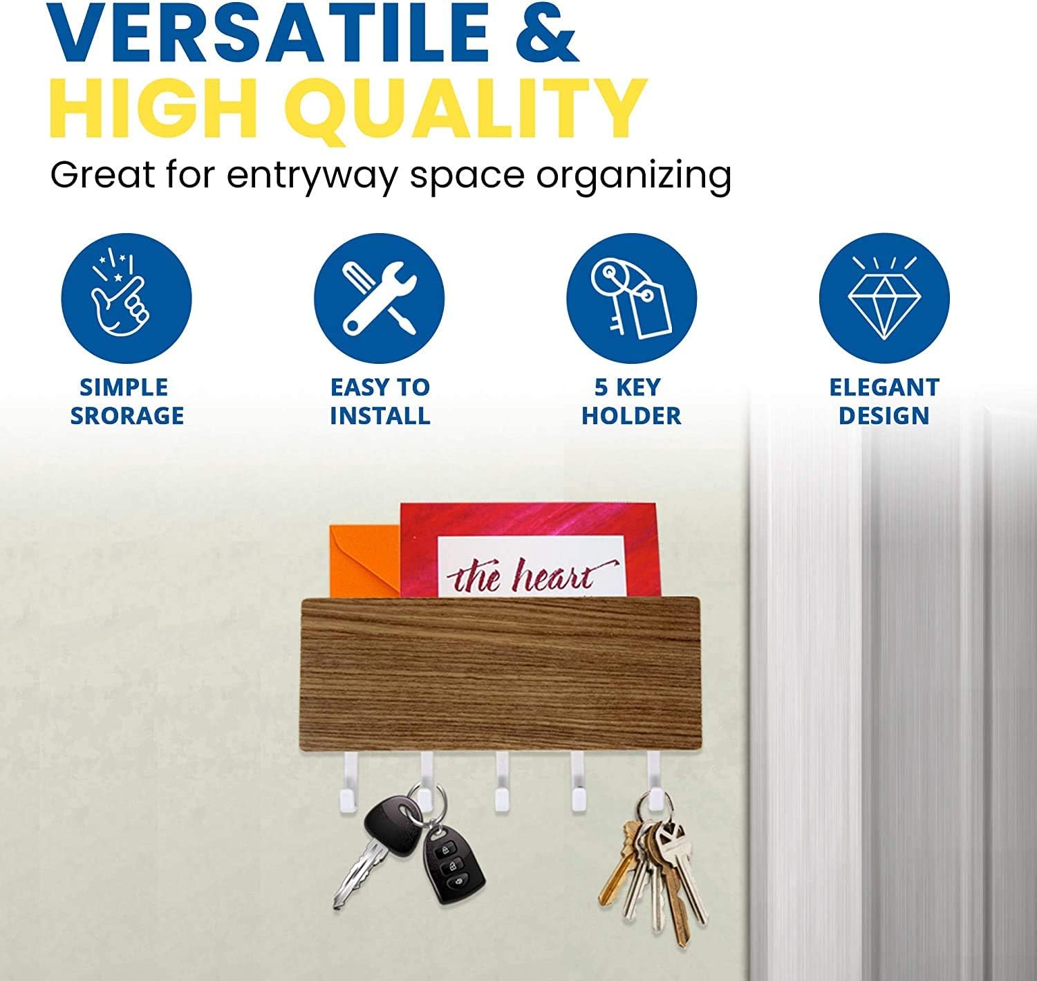 Hivory Mail & Key Holder for Wall Decorative ~ 5 Key Hooks ~ Wall Mounted Key Organizer & Racks ~ Easy Mount for Entryway, Bathroom, Living Room, Kitchen (Silver Oak)