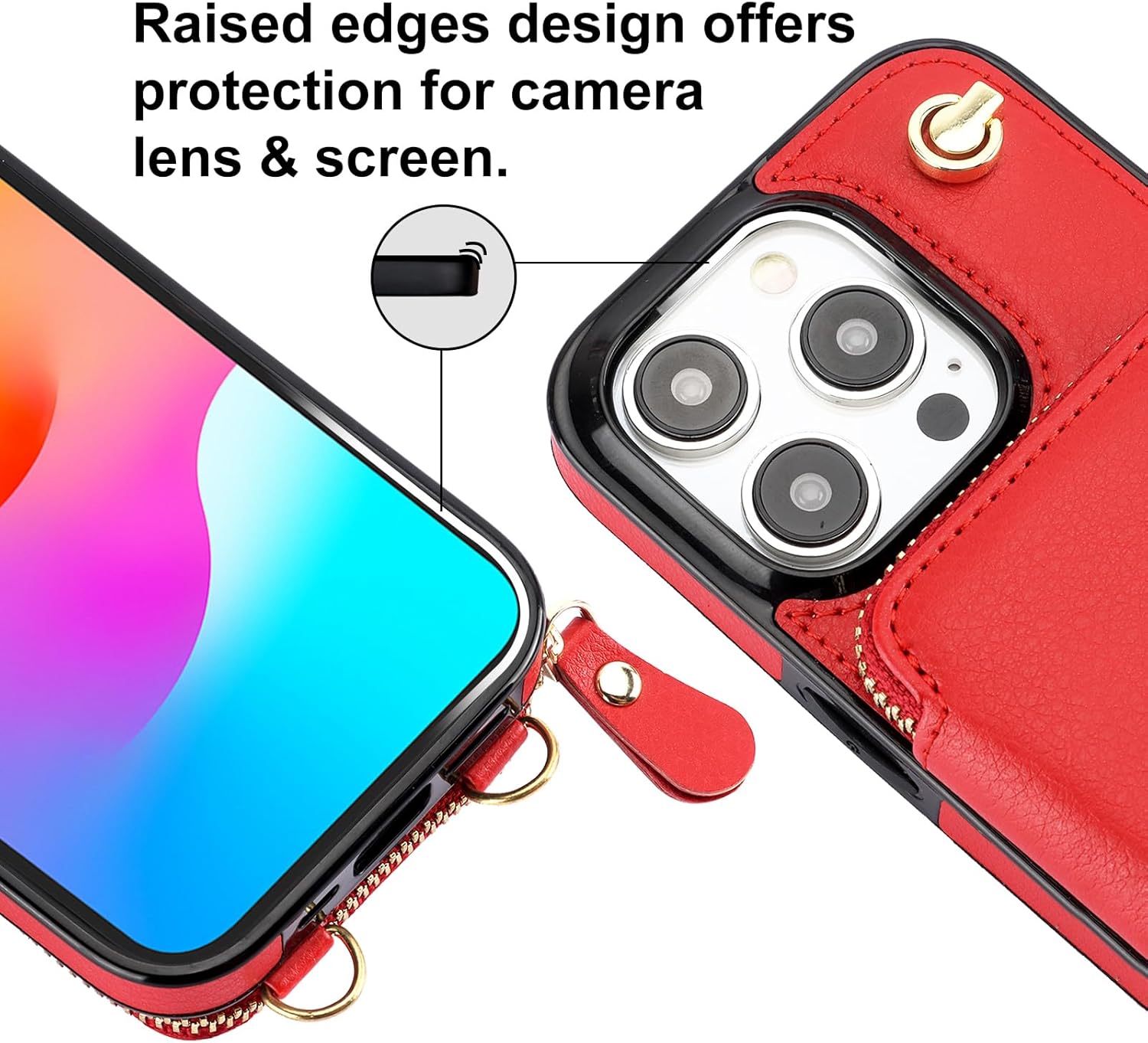 Bocasal Crossbody Wallet Case for iPhone 15 Pro, RFID Blocking Leather Purse Case with Card Holder, Protective Handbag Flip Cover with Zipper Wrist Strap Lanyard for Women 5G 6.1 Inch (Red)