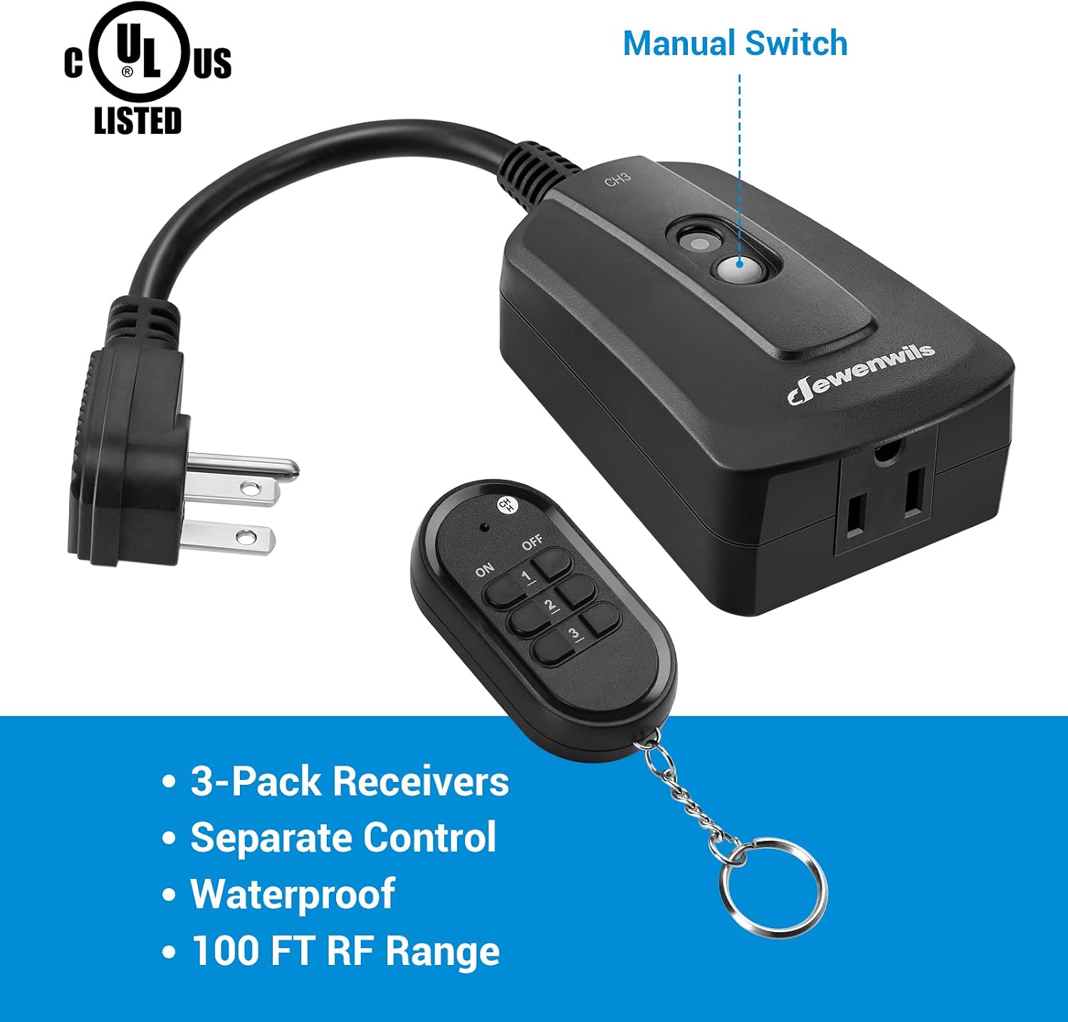 DEWENWILS Outdoor Wireless Remote Control Outlet Kit, Waterproof Electrical Plug for Indoor Outdoor Lights, Separately Controlled 3 Pack Receivers, 100 Feet RF Signal, UL Listed
