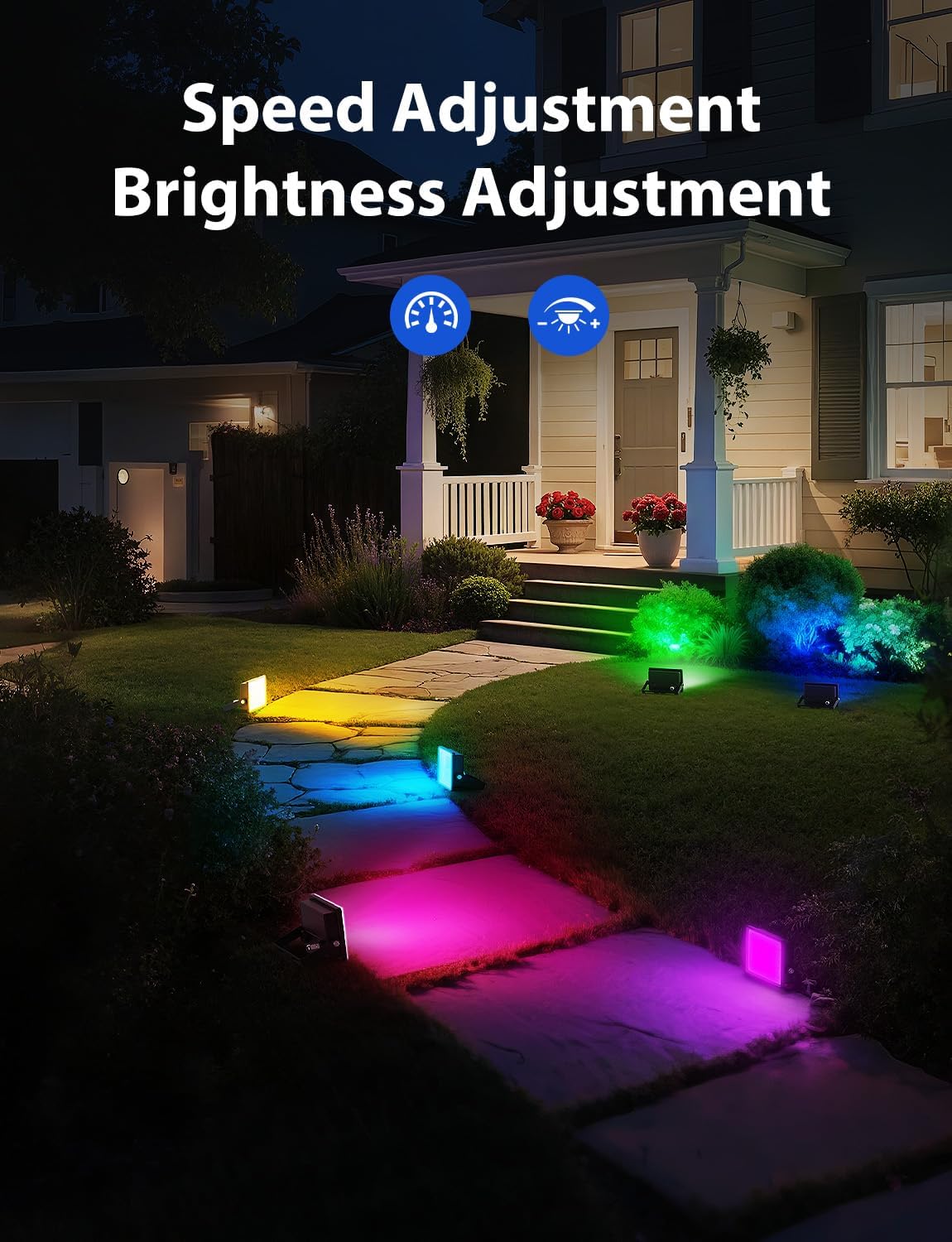 Image showing the speed and brightness adjustment features of the floodlights, illuminating a pathway.