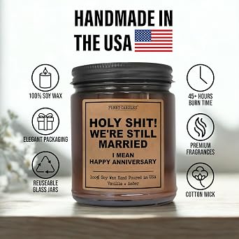 Funny Anniversary Candle Gift for Her, Him - We're Still Married -Funny Anniversary Present for Husband, Wife, Couple - Vanilla Sandalwood Scented Soy Candle in 9 oz. Amber Jar, Gift Box Included