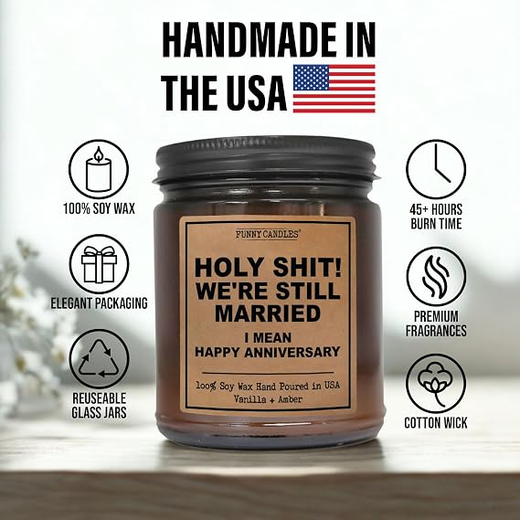 Funny Anniversary Candle Gift for Her, Him - We're Still Married -Funny Anniversary Present for Husband, Wife, Couple - Vanilla Sandalwood Scented Soy Candle in 9 oz. Amber Jar, Gift Box Included