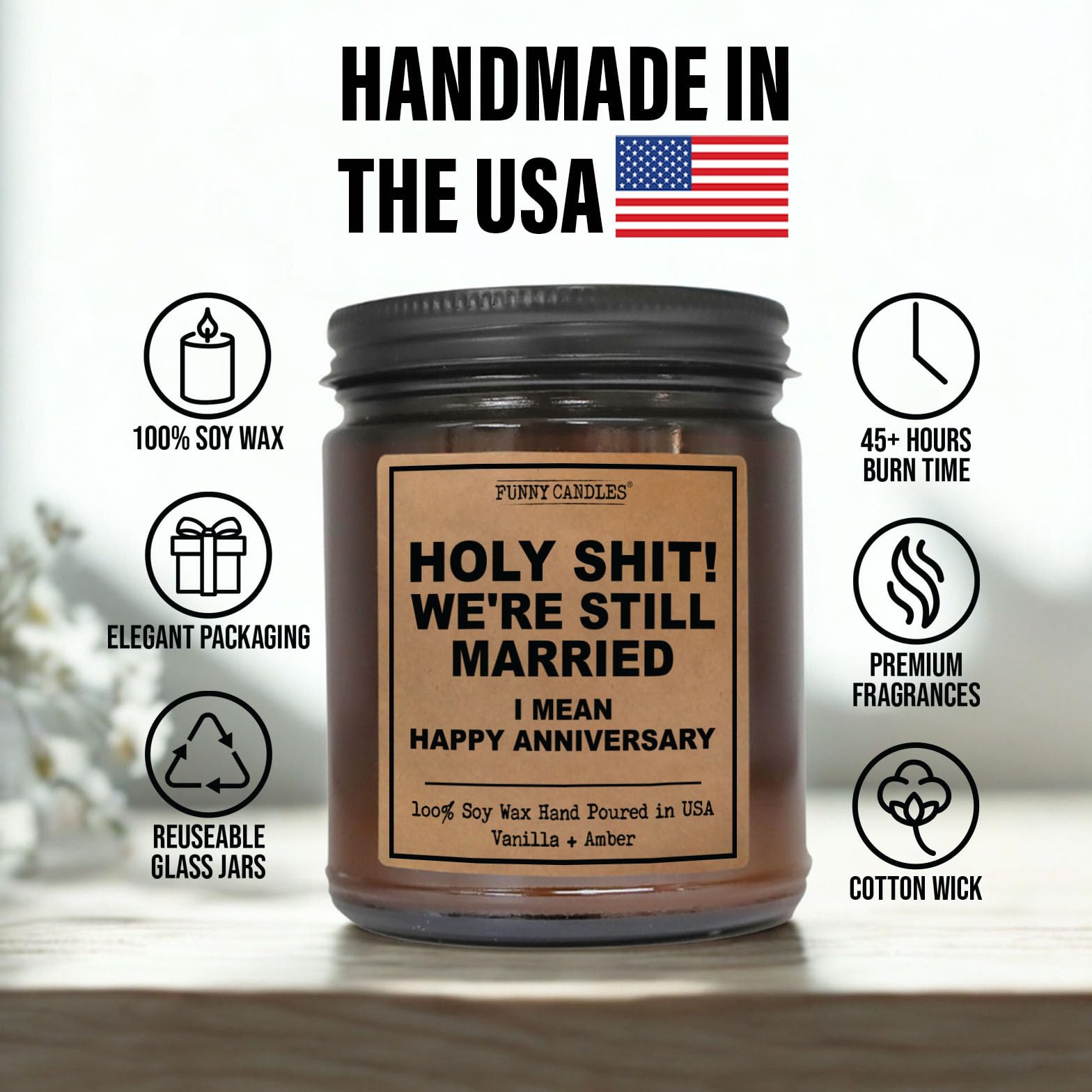 Holy ! We're Still Married - Vela de regalo de aniversario | Vela perfumada de vainilla, ámbar, sándalo para el hogar, tarro ámbar de 9 onzas, tiempo de combustión de 40 horas, fabricado