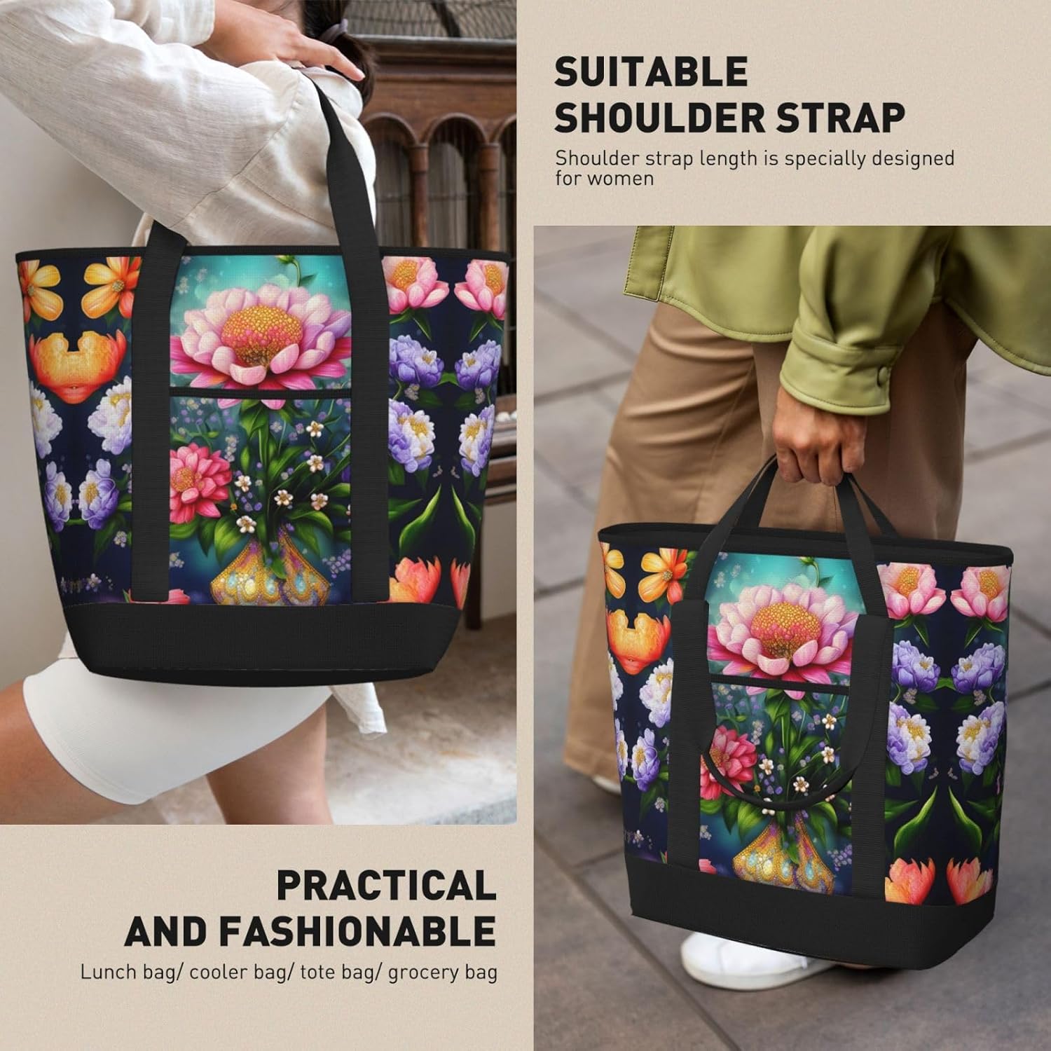 Flower Diamond Painting Print Large Cooler Bag Tote Bag,Reusable Grocery Bag,Lunch Box Bag, For Picnic Beach Camping