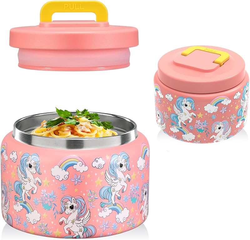 JXXM 8 Oz Thermo Food Jar for Hot & Cold Food for Kids, Insulated Lunch Containers Hot Food Jar,Leak-Proof Vacuum Stainless Steel Wide Mouth Lunch Soup Thermo for School (PINK-Unicorn)