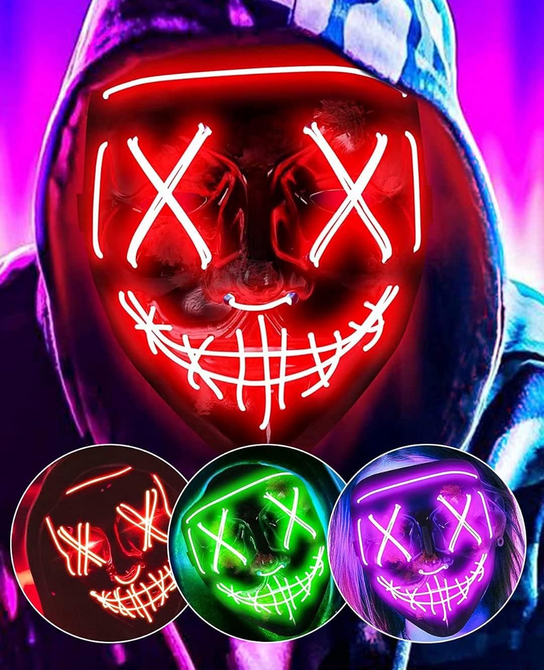 BABYLAB Halloween Purge Mask Light Up LED Costume Masquerade Scary Mask Festival Party Favors for Women Adults Men