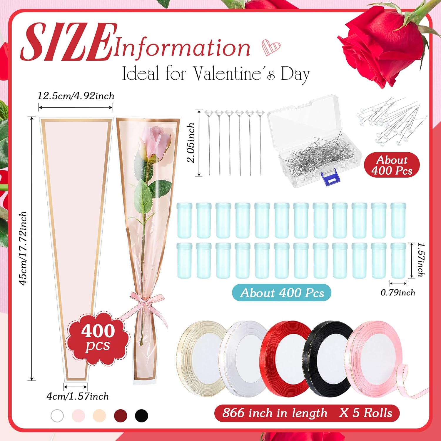 Cholemy 1200 Pcs Mother's Day Single Flower Wrapping Kit Including 400 Single Rose Sleeves 400 Floral Water Tubes 400 Crystal Diamond Head Bouquet Pins 5 Ribbon for Gifts