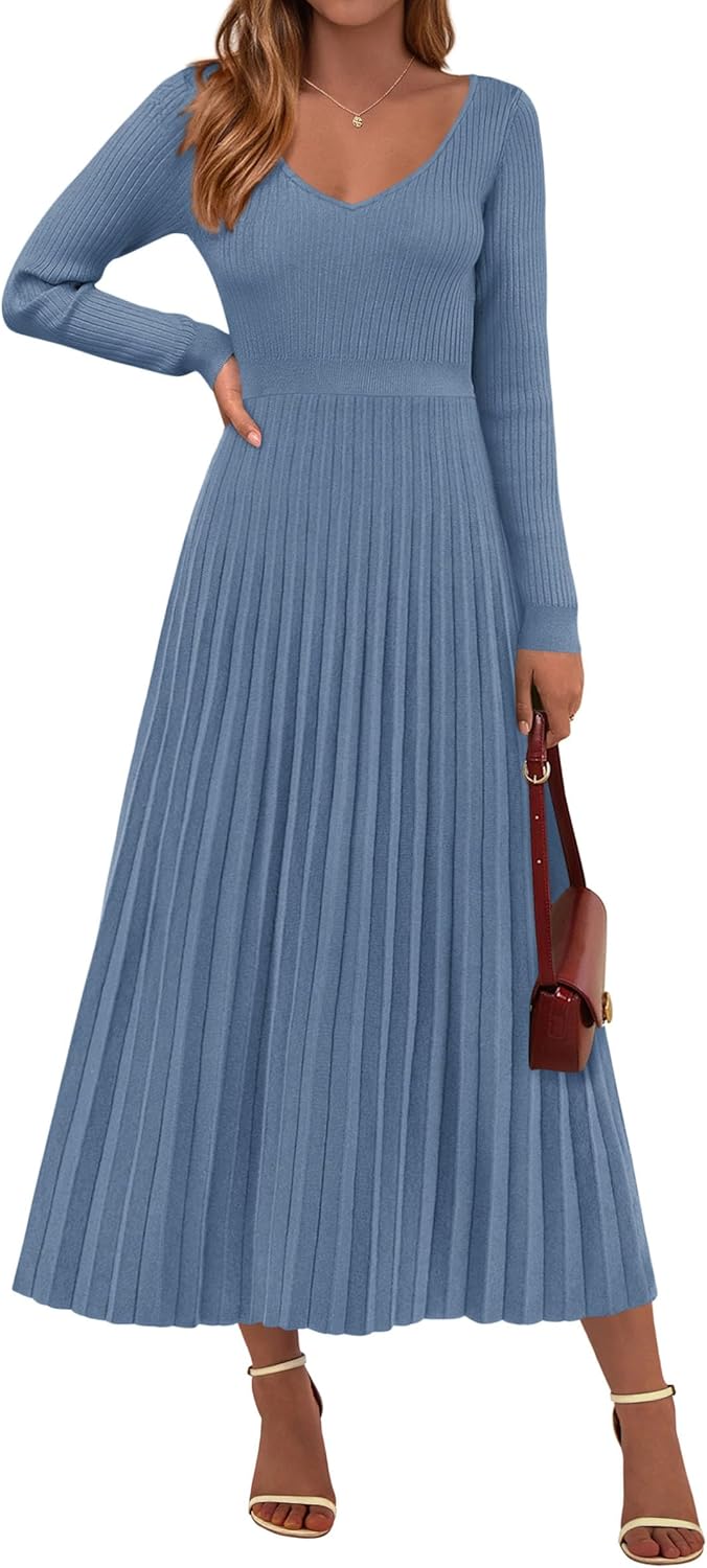 PRETTYGARDEN Women Sweater Dress Fall Fashion 2025 Long Sleeve V Neck Ribbed Knit Pleated A Line Elegant Maxi Winter Dresses