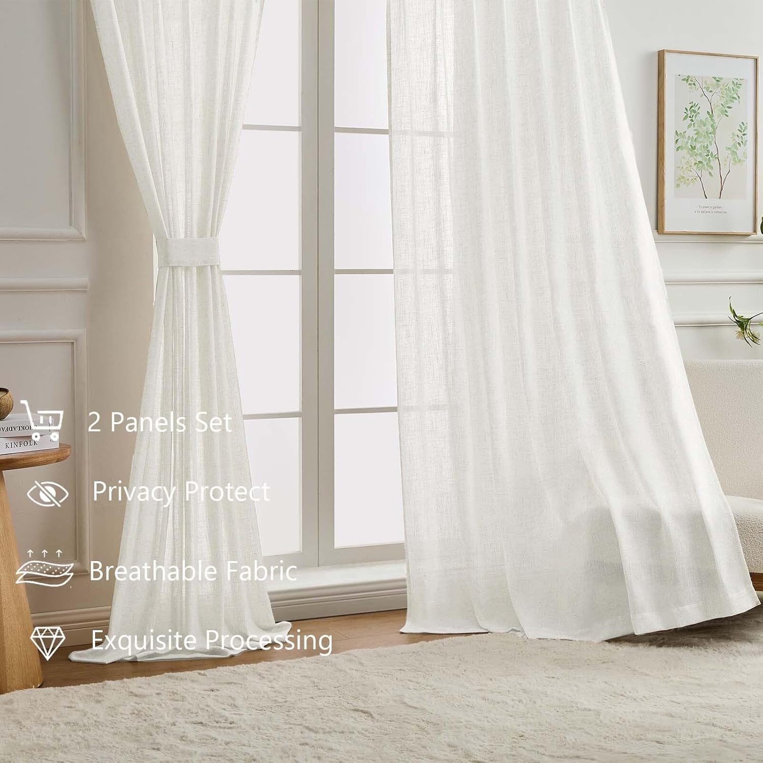 OVZME Pinch Pleated White Linen Curtains 84 Inches Long 2 Panels for Bedroom, Light Filtering Thick Linen Textured Fabric, Farmhouse Back Tab Drapes for Living Room, 2x40Wx84L Inches