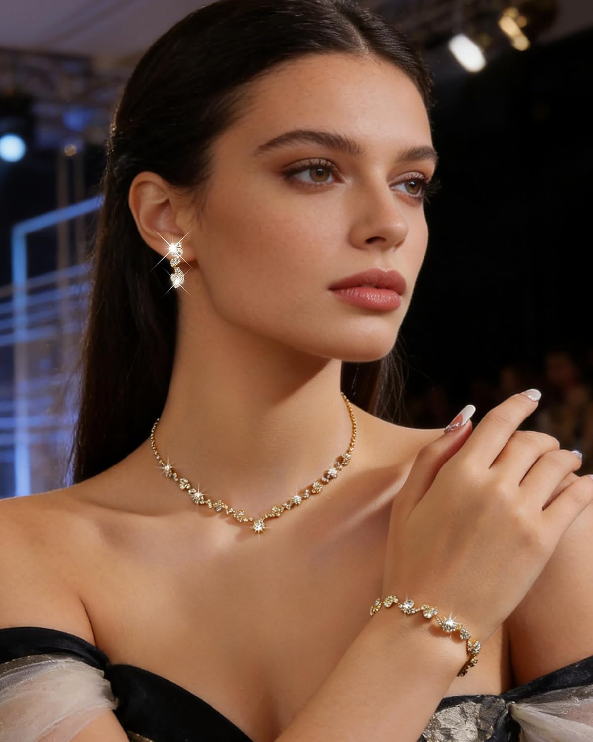 Gold Rhinestone Jewelry Set for Women Sparkling Rhinestone Y Shaped Necklace Adjustable Shining Crystal Bracelet Ring Glittering Rhine-stone Dangle Earrings Prom Wedding Bridal Jewelry Accessories - Image 2