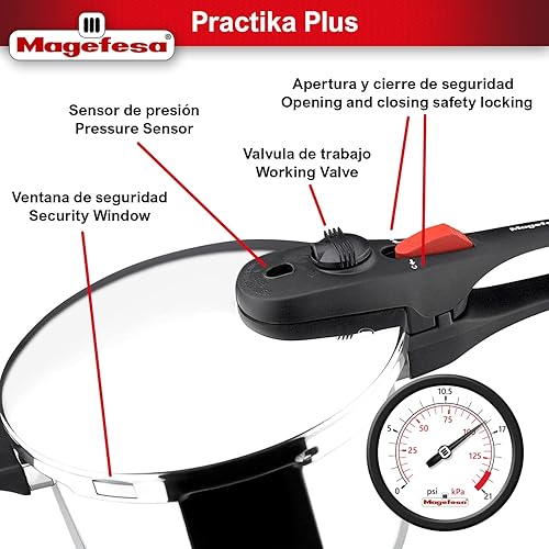 Miniatura 5 de Magefesa Practika Plus - Olla a presión súper rápida de 42 y 63 cuartos de galón acero inoxidable 1810 inducción adecuada excelente distribución del