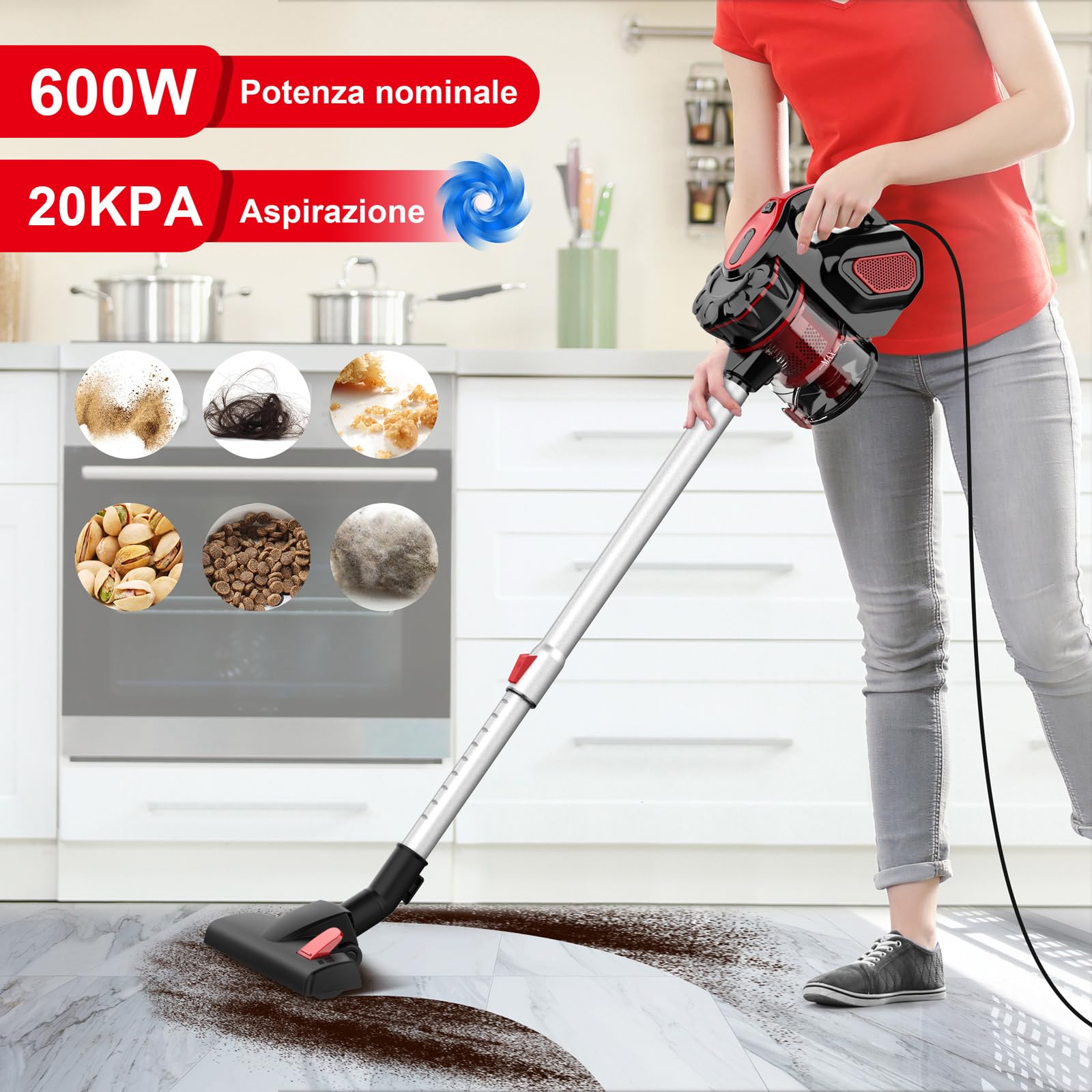 Aspirapolvere con filo Portatile, Scopa Elettrica con Filo potente 20kPA 600W, 3 in 1 Aspirapolvere senza Sacco, con Cavo 6m, per Pavimenti Duri e Peli di Animali Domestici