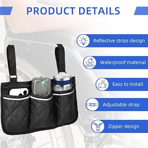 Miniatura 7 de YGYQZ Accesorios para reposabrazos de silla de ruedas, bolsas laterales para colgar en el lado con bolsas de caminante de línea brillante