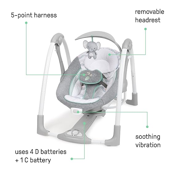 Ingenuity ConvertMe 2-in-1 Compact Portable Automatic Baby Swing & Infant Seat, Battery-Saving Vibrations, Nature Sounds, 0-9 Months 6-20 lbs (Swell)