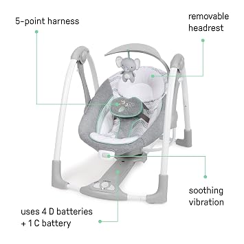 Ingenuity ConvertMe 2-in-1 Compact Portable Automatic Baby Swing & Infant Seat, Battery-Saving Vibrations, Nature Sounds, 0-9 Months 6-20 lbs (Swell)