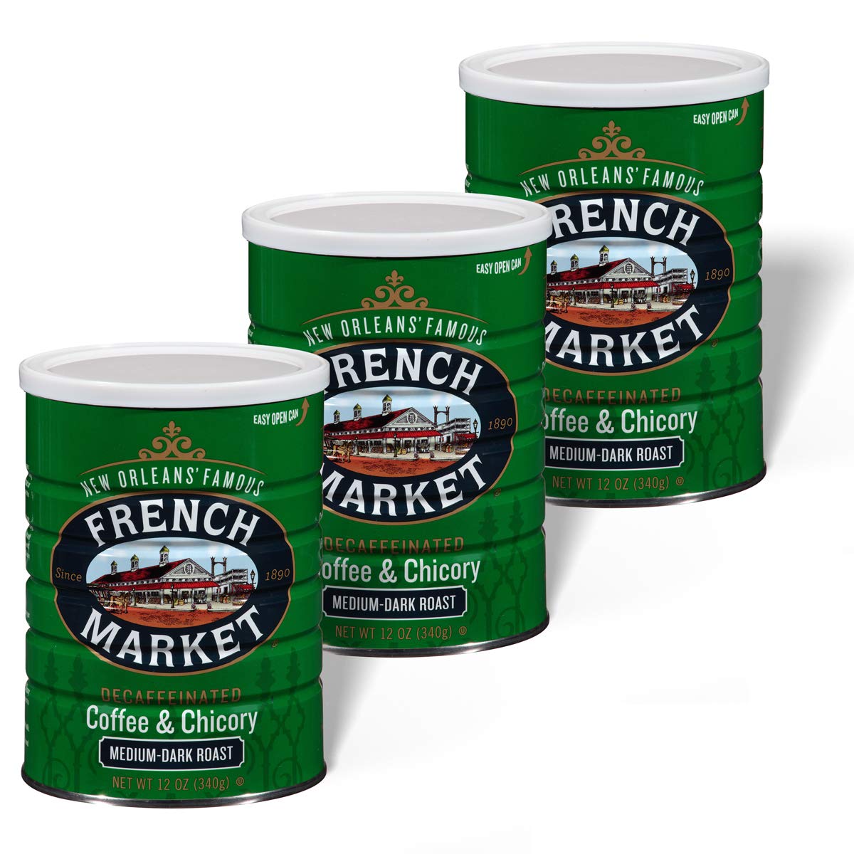 French Market Coffee Medium-Dark Roast Decaffeinated Ground Coffee & Chicory 12 oz. Canister (Pack of 3)