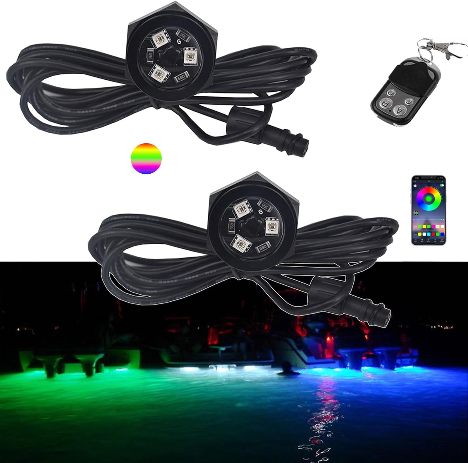 2Pcs RGB 1/2" NPT LED Boat Drain Plug Light Underwater Light,Boat Trailer Lights,DC 12V,No Holes to Drill,RF APP Control Marine LED Lamp for Fishing Swimming Diving