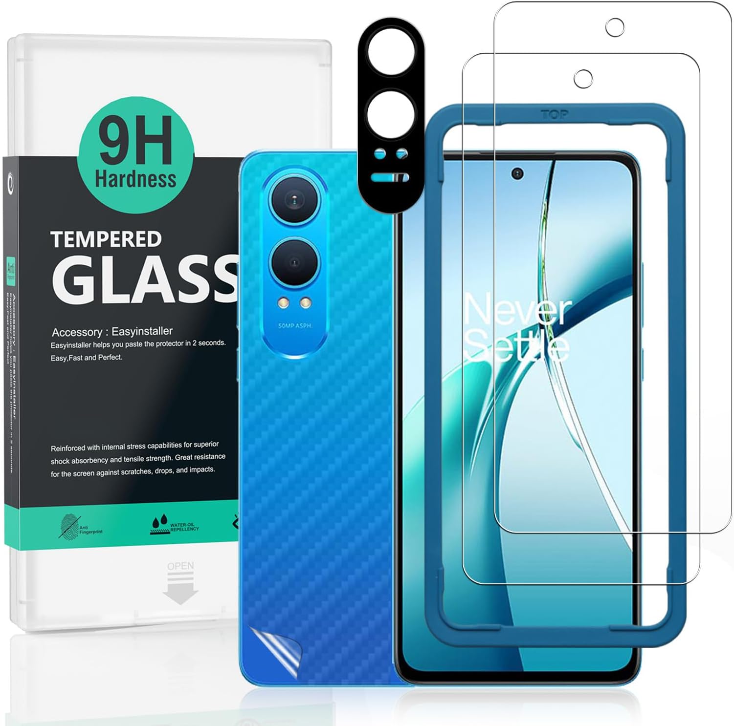 Screen Protector (2 Pack) For OnePlus Nord CE4 Lite 5G,9H Hardness Tempered Glass,With 1Pc Metal Camera Lens Protector,1Pc Back Protector,Easy to Install
