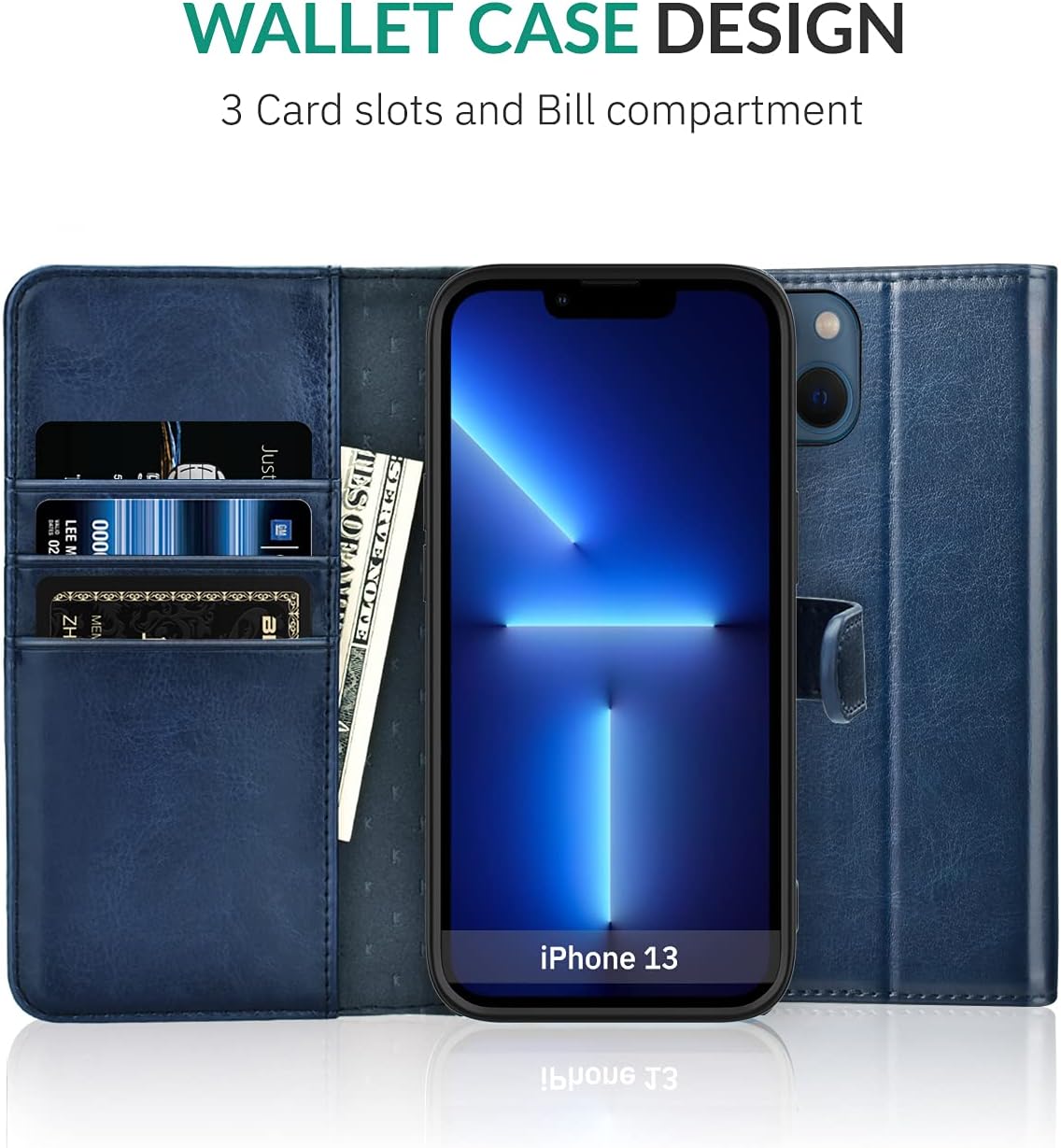 KILINO Wallet Case for iPhone 13 5G [RFID Blocking] [PU Leather] [Shock-Absorbent Bumper] [Card Slots] [Kickstand] [Magnetic Closure] Flip Folio Cover for iPhone 13 5G (Blue)