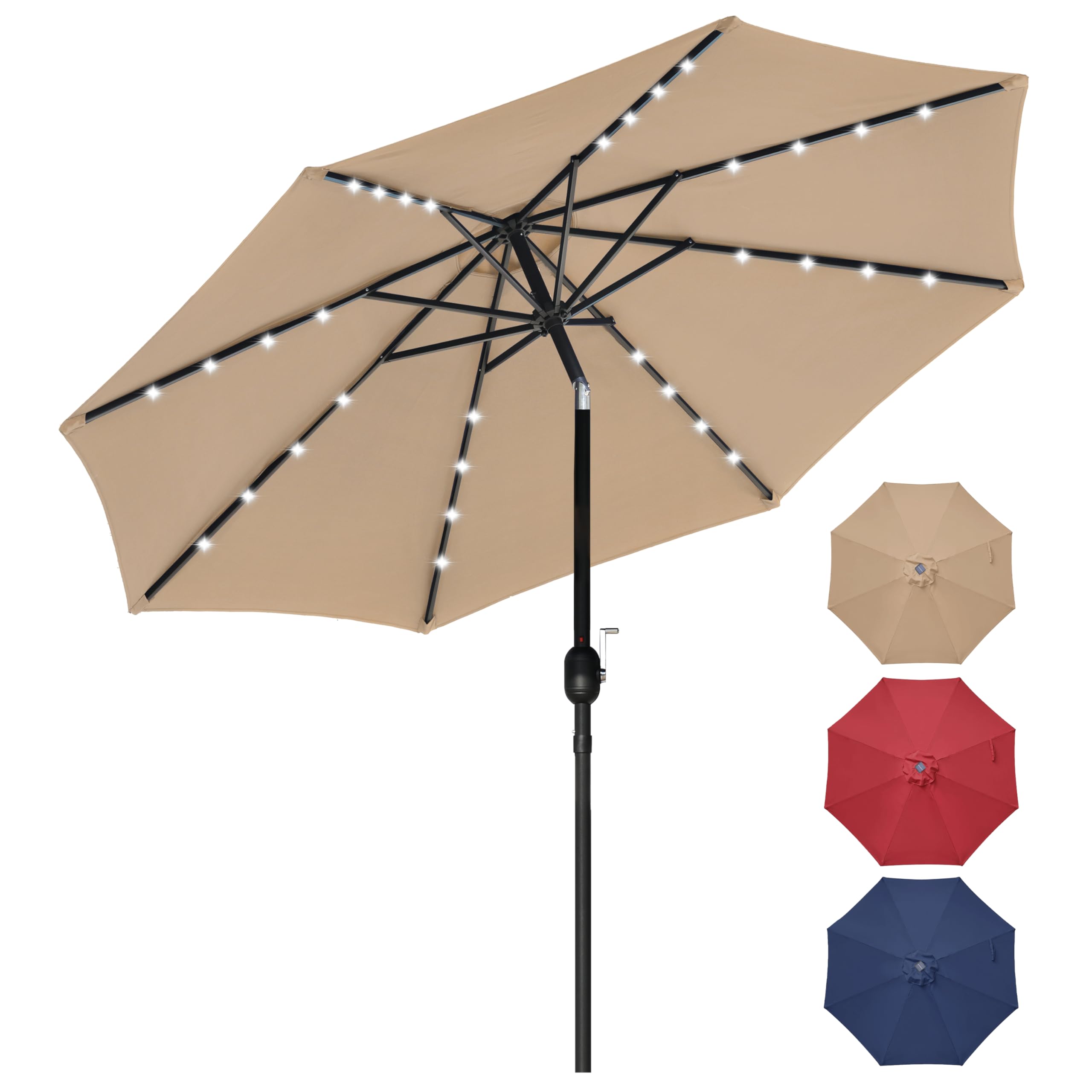 YSSOA 9ft Solar LED Lighted Patio Umbrella, Outdoor Table Market Umbrellas with Tilt/Crank Adjustment, for Garden, Deck, Backyard, Pool and Beach