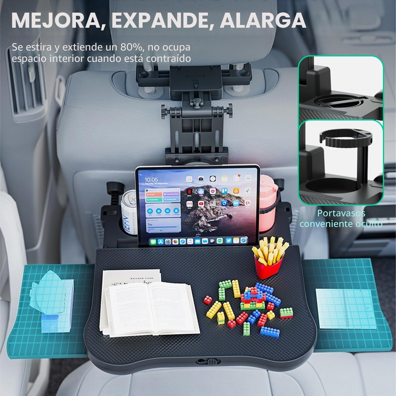 Asiento portátil de coche, mesa de tableta, mesa de asiento trasero de coche, pasajero, con funda para bebidas y soporte para teléfono móvil, mesa de asiento trasero telescópica plegable para viajes