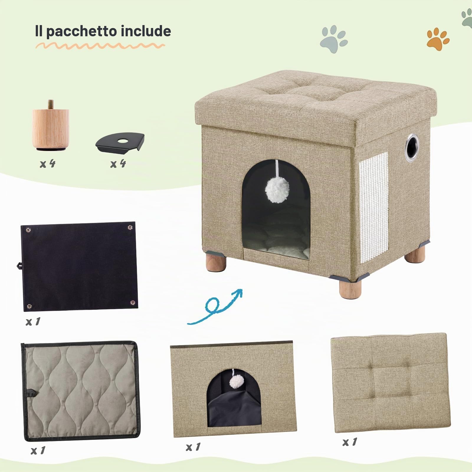 BRIAN & DANY Cuccia Gatto, Grotta Pieghevole per Gatti Interni, Casetta per Gatti con Tappetino Tiragraffi, Pallina Giocattolo, 37 x 31,8 x 36 cm, Cachi