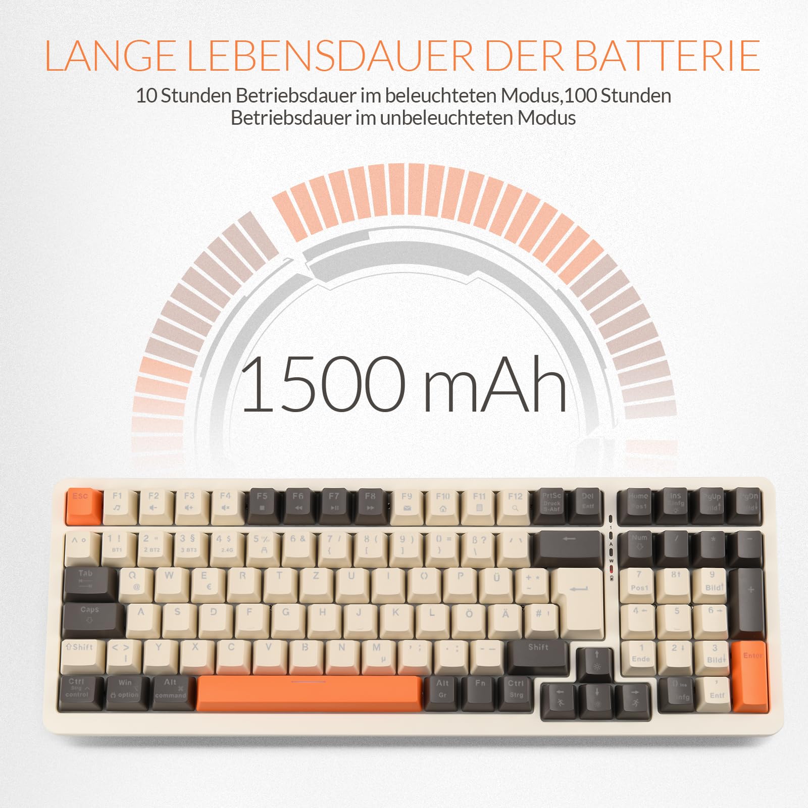 Rii Mechanische Tastatur Kabellos, Gaming Retro Tastatur Bluetooth, Tri-Modi Tastatur 75 Prozent mit QWERTZ, Beige-Grau-Orange dreifarbige Tastatur (BT5.0 + 2.4GHz + Kabel)