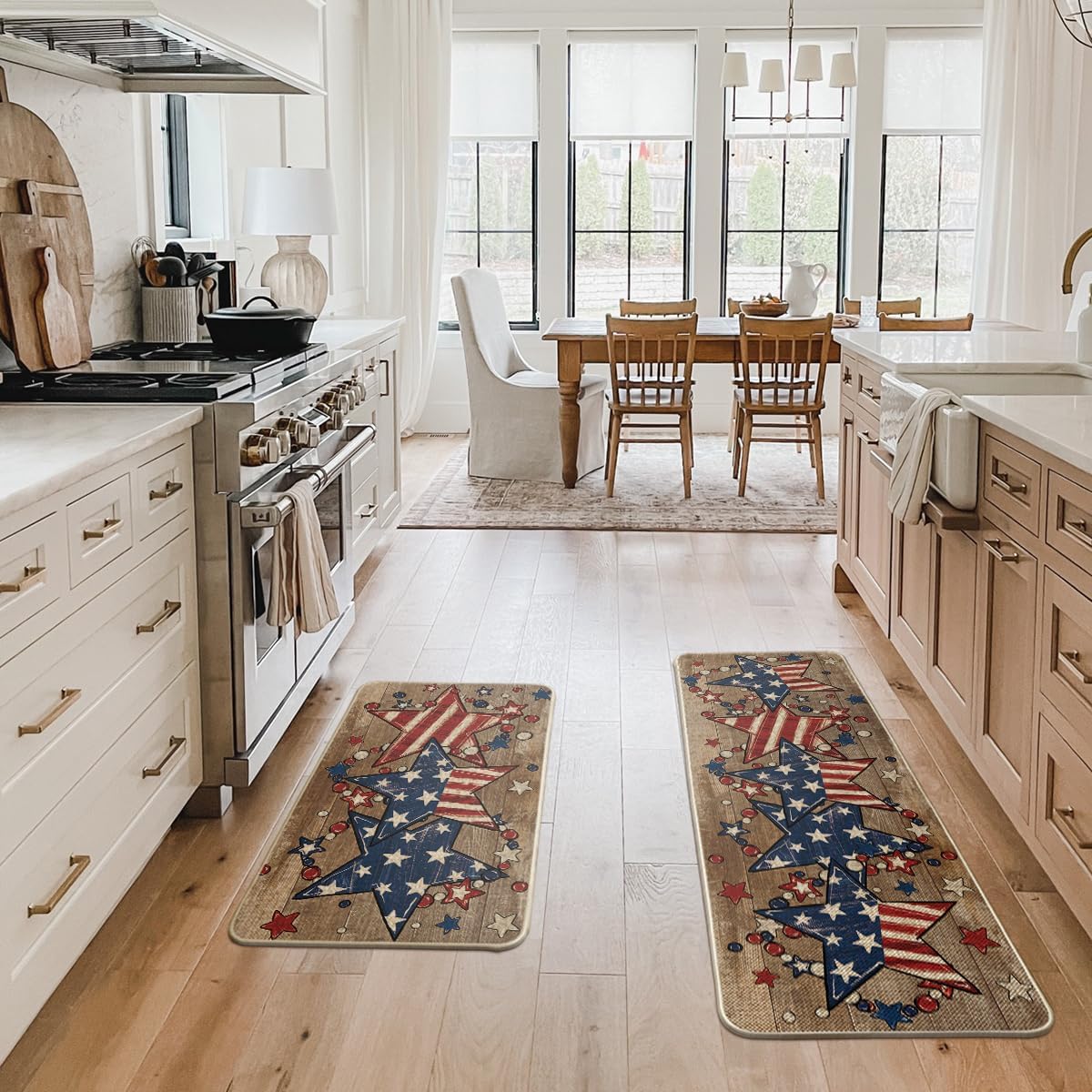 Artoid Mode Brown American Flag Stars 4TH of July Patriotic Kitchen Mats Set of 2, Memorial Day Home Decor Kitchen Rugs for Floor - 17x29 and 17x47 Inch
