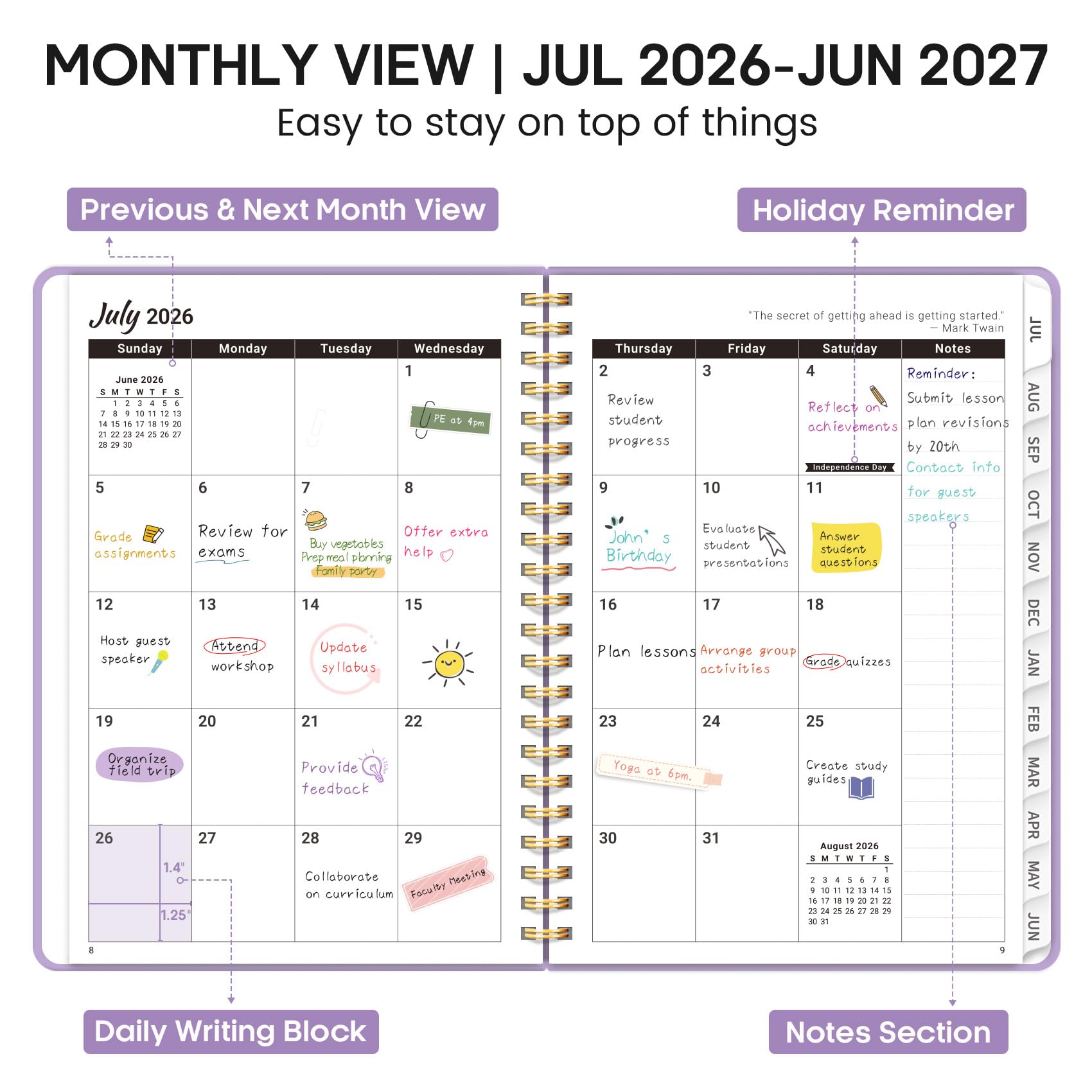 Akademischer Planer 2026-2027, Wochen- und Monatskalender Planer Buch, Juli 2026 - Juni 2027, Hardcover Organizer mit Tabs, Perfekt für Lehrer, Studenten, Frauen & Männer, A5 (16,3 x 21,6 cm