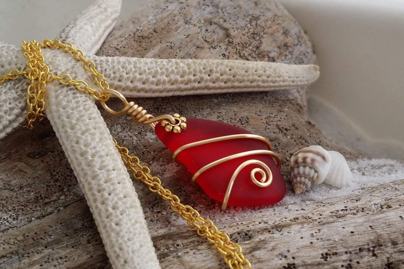 Handmade Sea Glass Necklace, Hawaiian Jewelry For Women, Gold Wire Ruby Red Necklace, Beach Sea Glass Jewelry For Birthday Gift For Women (July Birthstone)