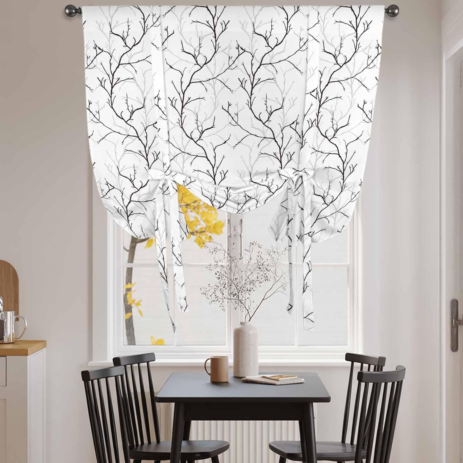 Black White Branches Tie Up Curtain Valance for Window, Adjustable Rod Pocket Window Curtains Shades, Vintage Art Farmhouse Light Filtering Valance Drapes for Living Room Bathroom Bedroom 52"x63"