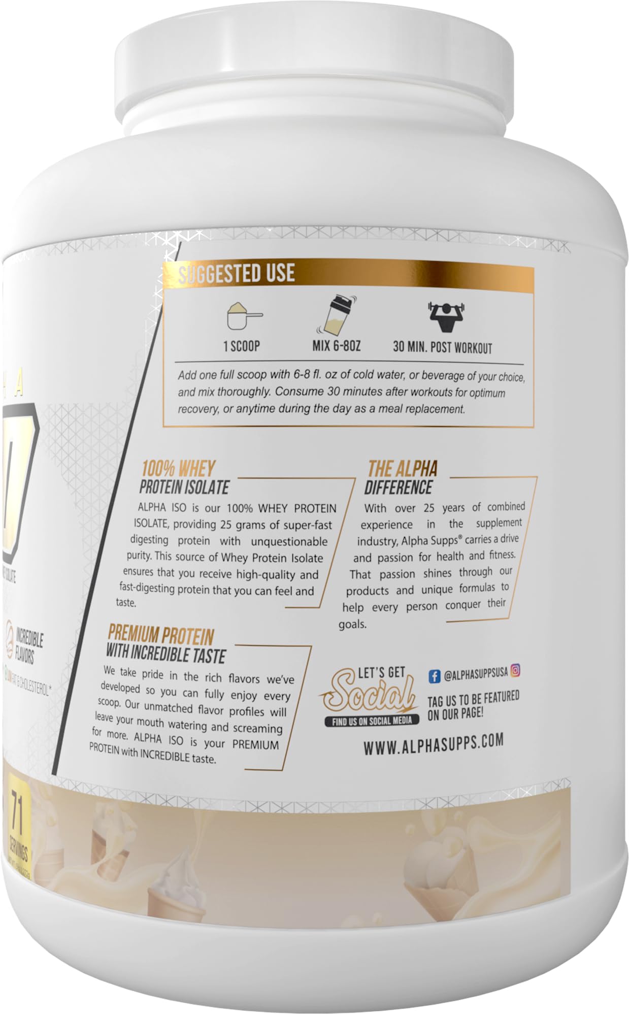 Alpha Supps ISO, Low Carb 100% Whey Protein Isolate Powder, 25 Grams Per Serving, Helps Support Muscle Growth, Low Sugar and Gluten Free (Vanilla Ice Cream, 5 lb)