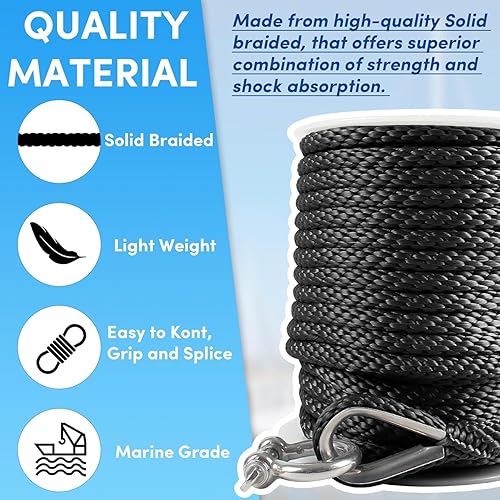 Vista 111 de Cuerda de anclaje premium de 100 pies x 3/8 pulgadas, cuerda marina de línea de anclaje MFP trenzada sólida con dedal y grillete, color negro