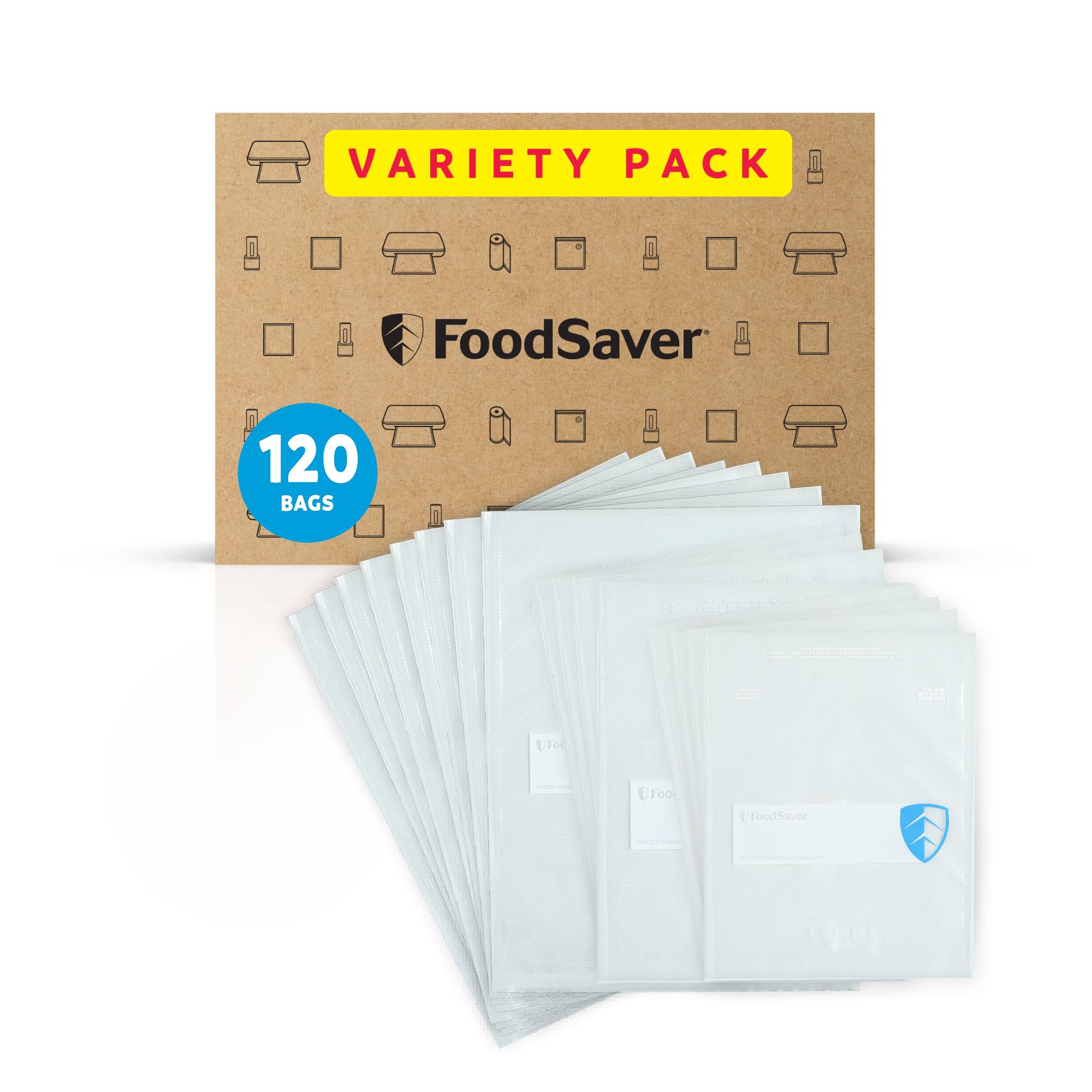 FoodSaver Variety Pack Vacuum Seal Bags, 120 Count Pre-Cut BPA-Free Freezer Bags (20 Pint, 60 Quart, 40 Gallon) for Food Storage, Sous Vide, Meal Prep