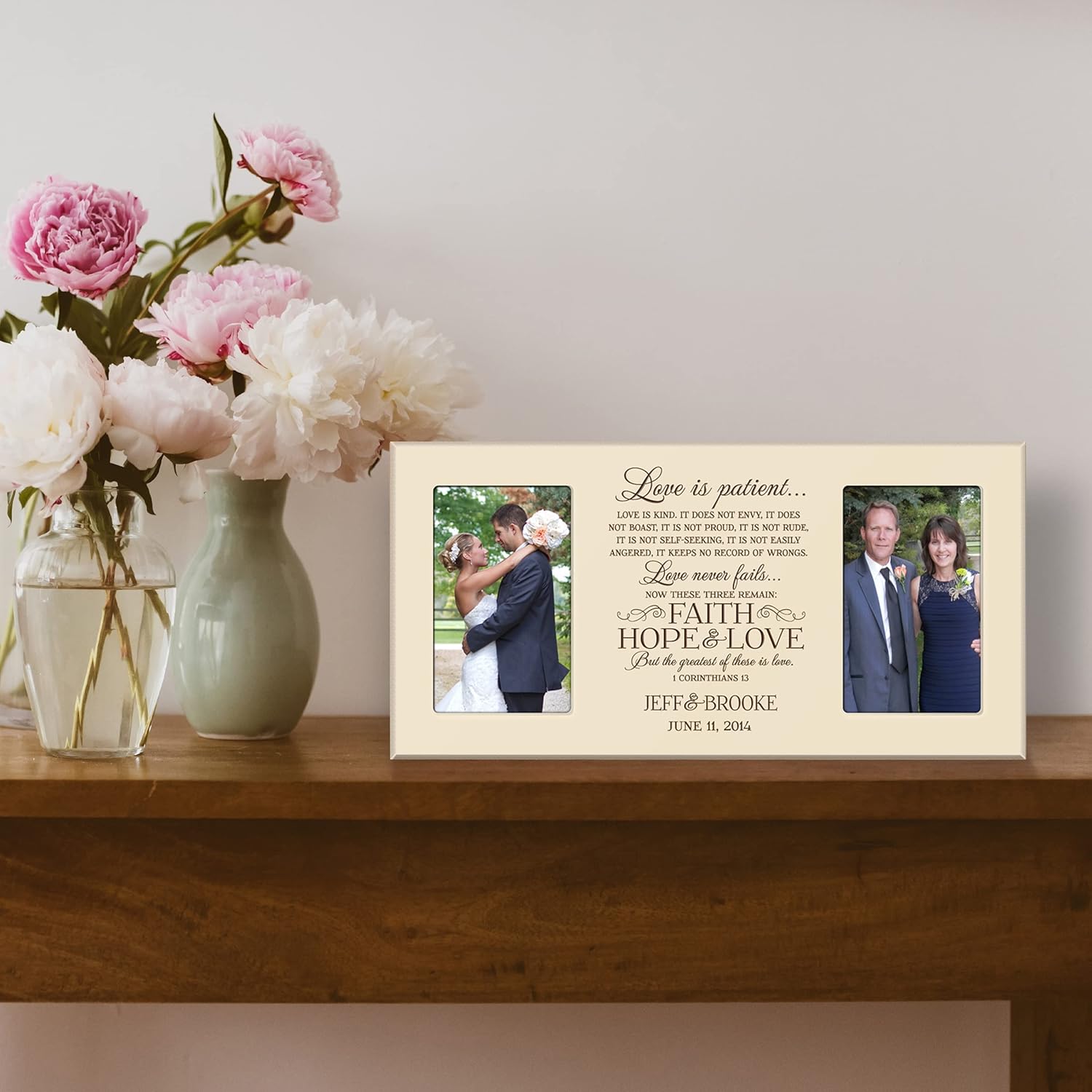 LifeSong Milestones Personalized Wooden Double Picture Frame Wedding Anniversary Celebration Decoration For Him Her Parents Grandparents Home Decor Picture Photo Frame for Bride and Groom Wedding Gift