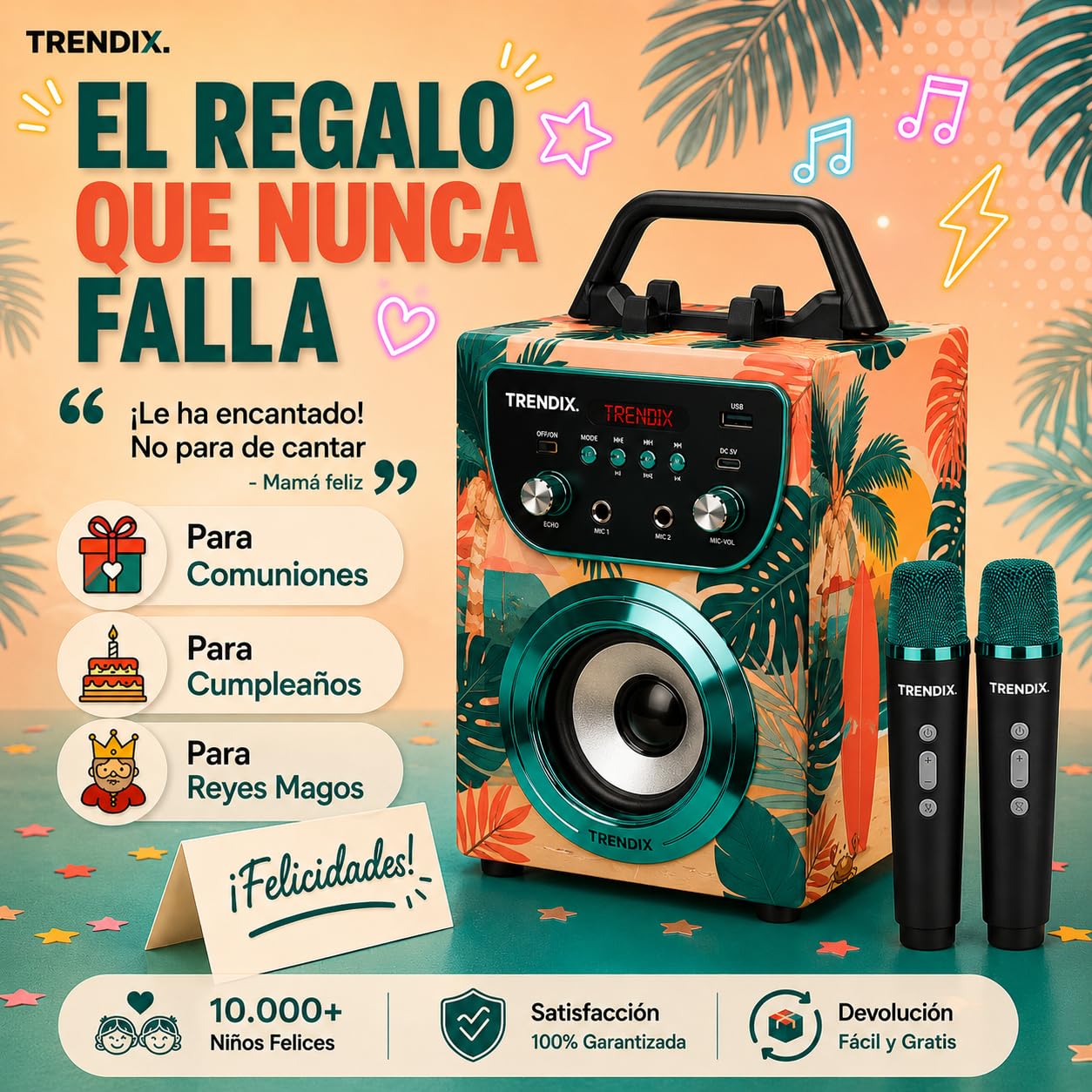 Trendix - Karaoke 2 Microfonos Inalambricos Tropical Vibes | Karaoke Infantil | Altavoz con Microfono | Altavoz Bluetooth con Microfono Y Radio FM | Regalo Comunion Niño | Regalo Niña