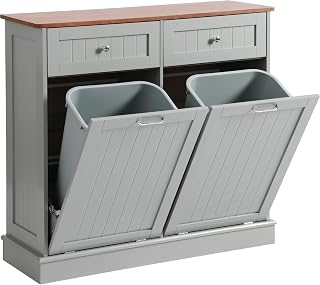 Tilt Out Trash Can Cabinet with Double Hidden Can Holder, Kitchen Free Standing Recycling Cabinet, Dog Proof, Wood, Gray