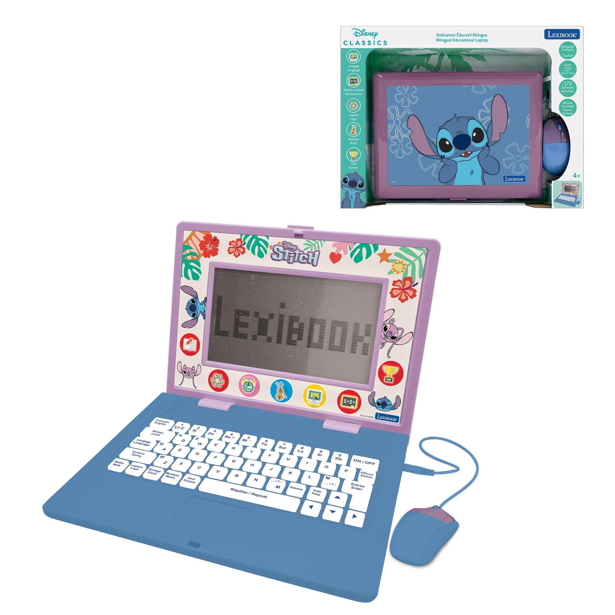 Lexibook, Disney Stitch, francuski/angielski dwujęzyczny laptop edukacyjny, zabawka dla dzieci, 170 zajęć do nauki, gier i muzyki, duży ekran, niebieski/fioletowy, JC599Di1LXB