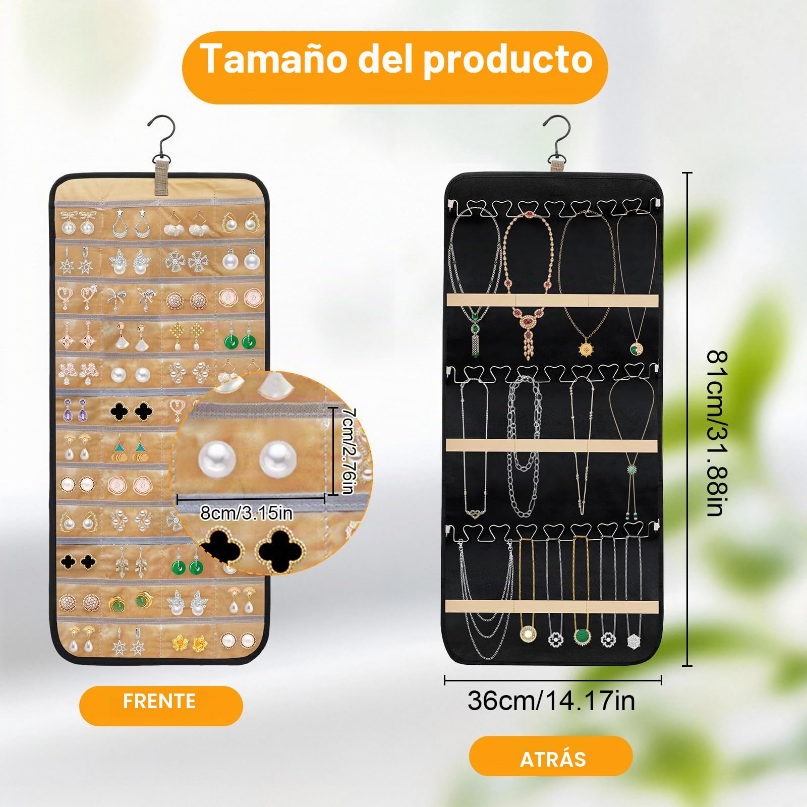 Organizador de Joyas Colgante Doble Cara 48 Bolsillos Ganchos Metal para Armario Pendientes Collares Anillos