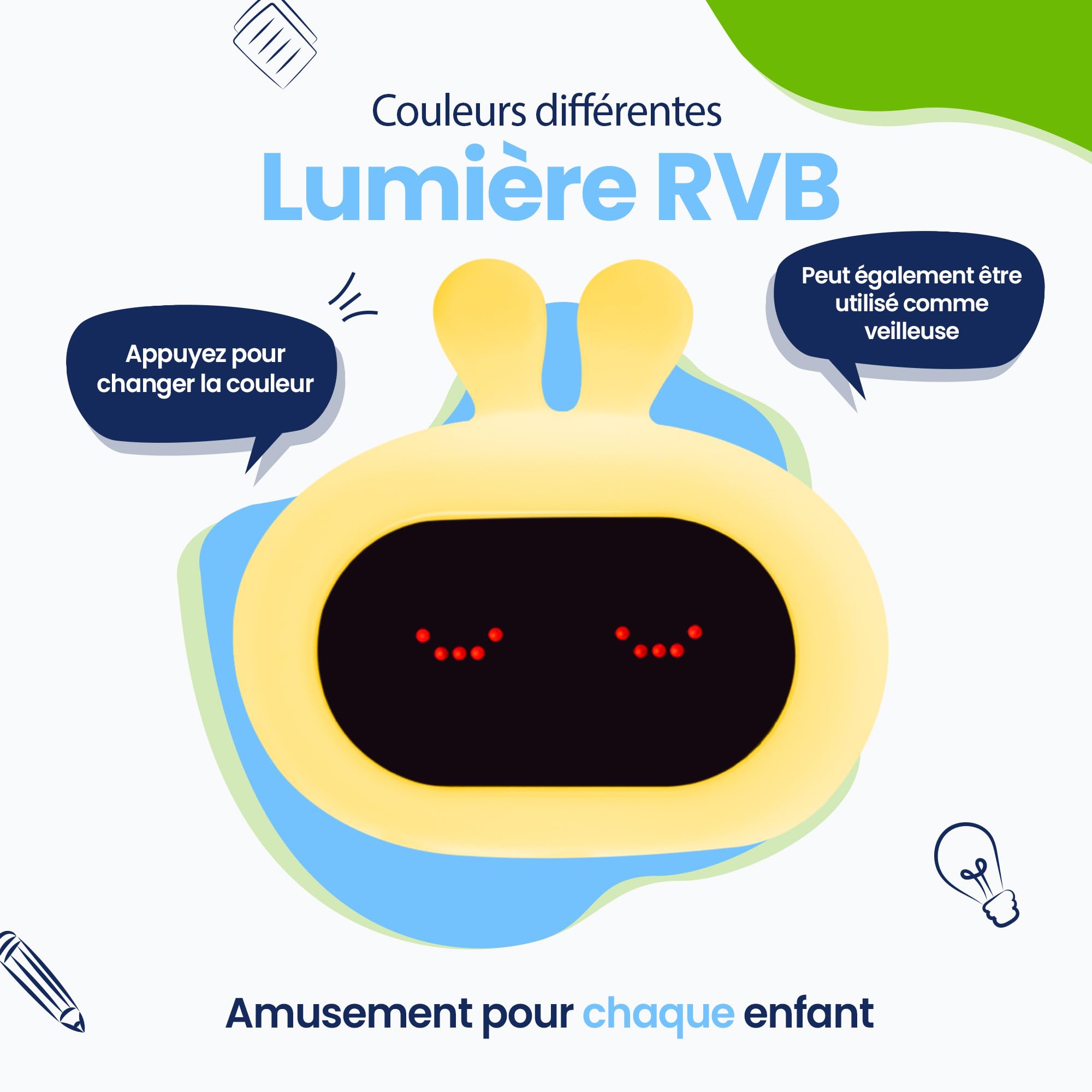 Réveil Enfant Lapin (Blanc) - avec Expressions Faciales et Fonction Tapotement - Lumière de Réveil - Entraîneur de Sommeil - Veilleuse - Jouet Numérique
