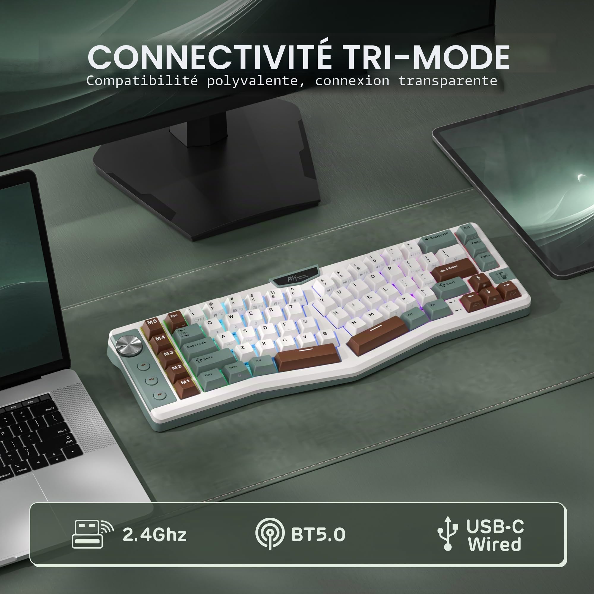 RK ROYAL KLUDGE A72 Clavier mécanique sans Ergonomique Alice, Split Ergo | Joint RGB Gaming Clavier bouton/touches macro/plaque signalétique tactile, BT/2,4G/USB-C, atténuation 5 couches, Win/Mac