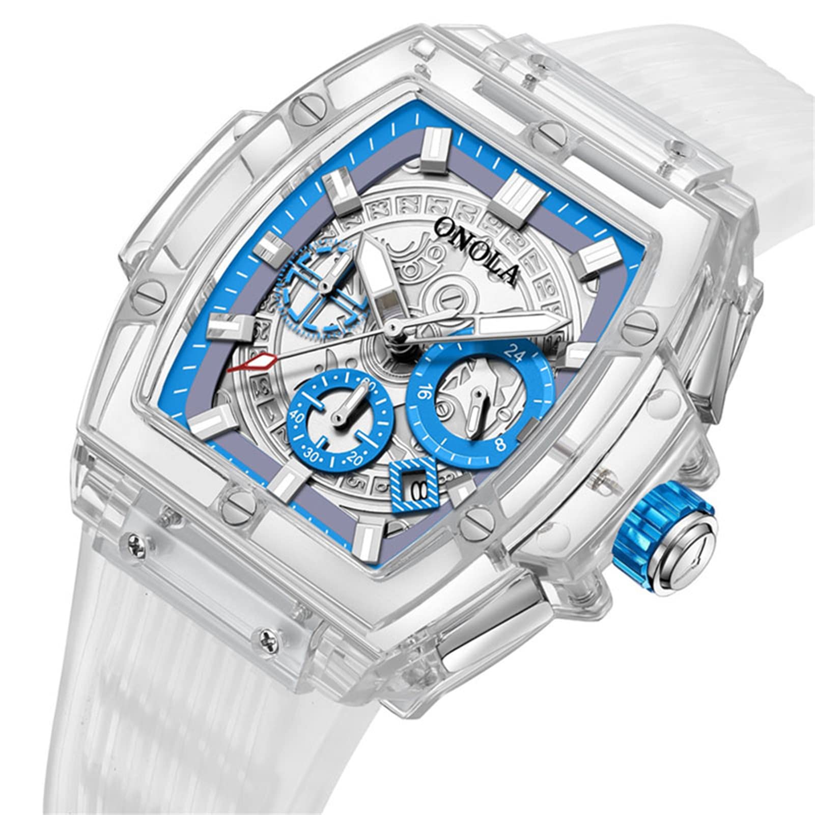 Relojes de cuarzo para hombre, cronógrafo analógico, esqueleto, rectángulo, esfera grande, reloj de moda para hombre, con correa de silicona, casual de negocios, Todo azul.