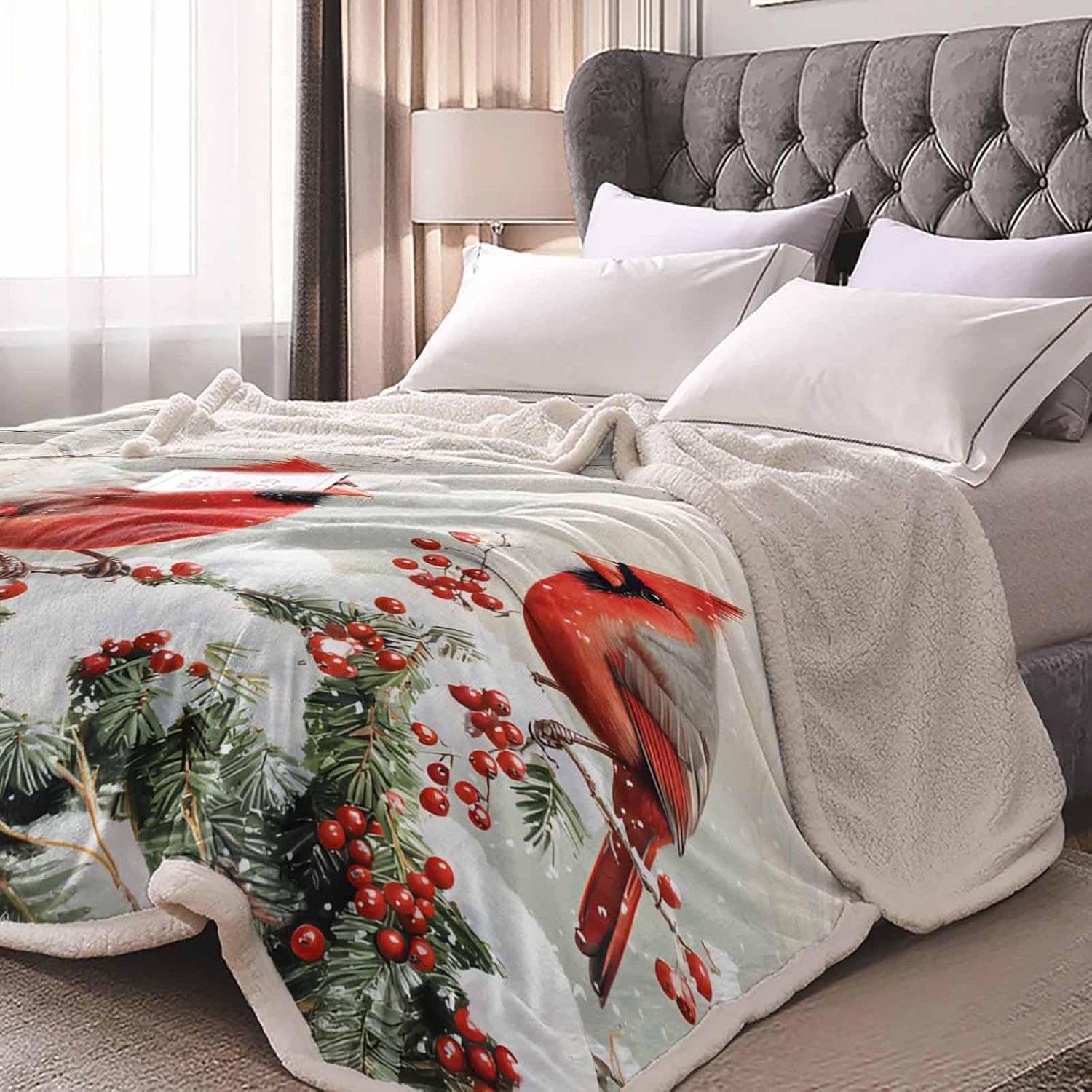 Vandarllin Christmas Throw Blanket Cardinals Birds Thick Warm Winter Blanket Pine Tree Red Berry Christmas Blanket Sherpa Fleece Blanket for Bed Sofa Couch Chair, 40 x 50 Inches