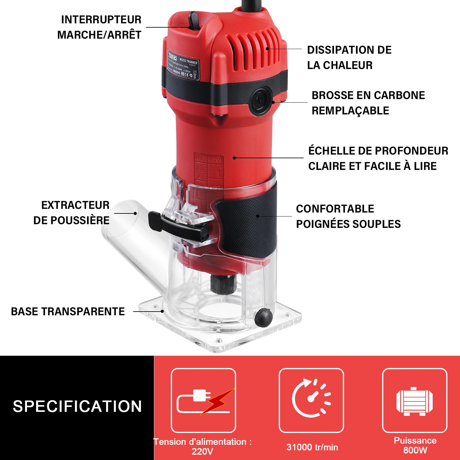 Affleureuse à Bois Défonceuse Électrique 800W 31000 RPM Avec Housse Anti Poussière,TEENO à Bois Défonceuse Affleureuse,15 Fraises à Défoncer Queue de 1/4",2 Pinces de 6/6.35mm,Pour Travail du bois