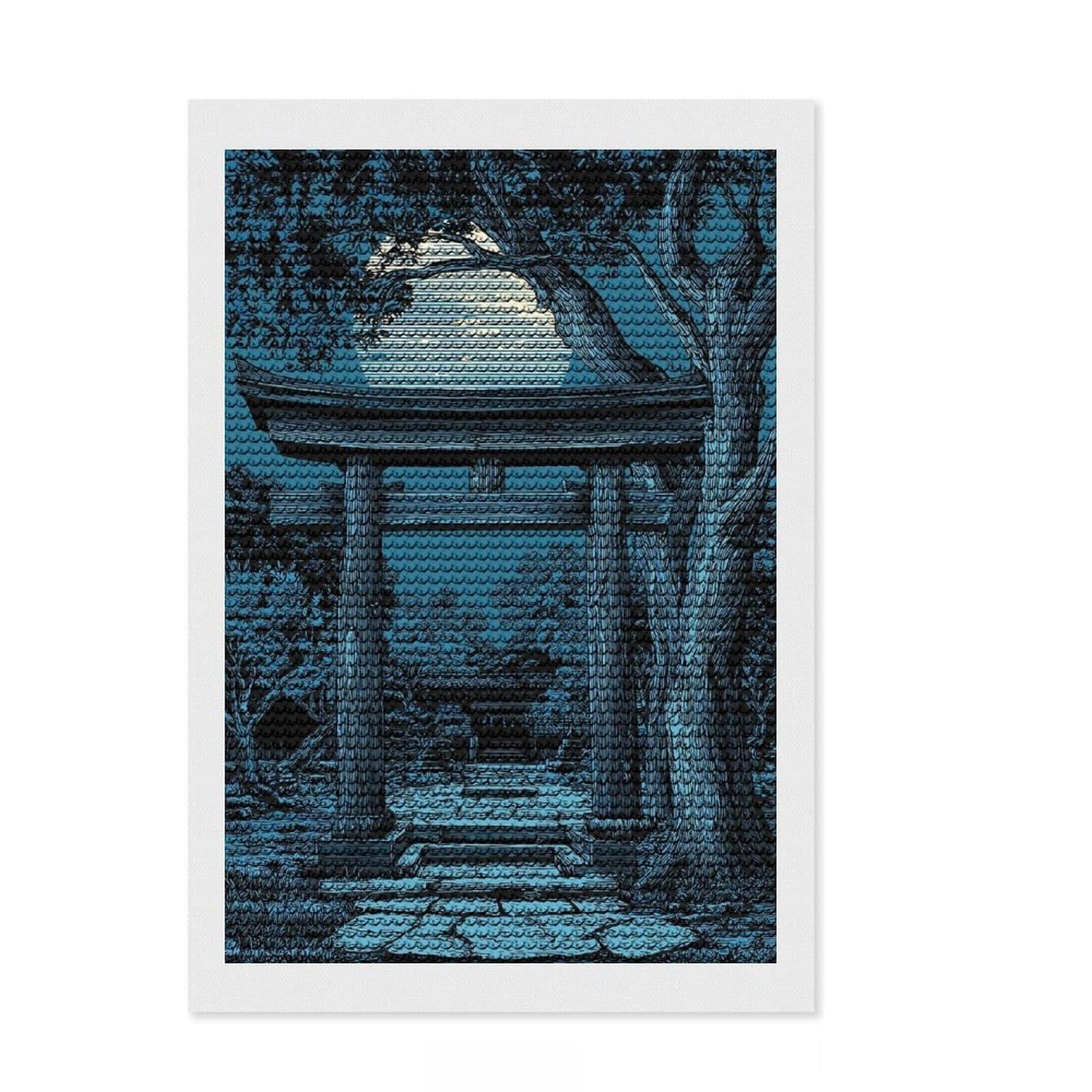 Junmoney Japanese Torii Gate Under Moonlight DIY Diamond Art Canvas Kit 8"x12", Aesthetic Room Decor, for Craft Lovers, Adhesive Canvas, Birthday Gift