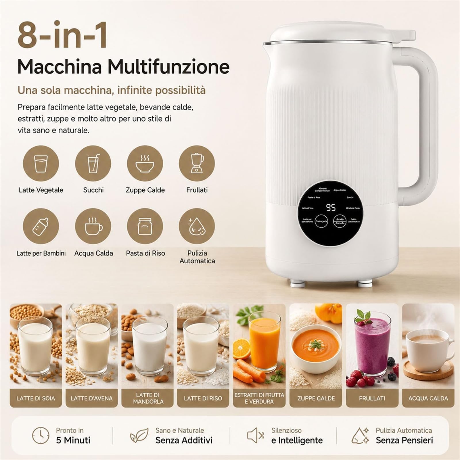 VitaMixia Macchina Multifunzione, Macchina per Latte di Soia 8 in 1, Estrattore Latte Vegetale con Auto Pulizia, Robot Cucina Multifunzionale 1,2L